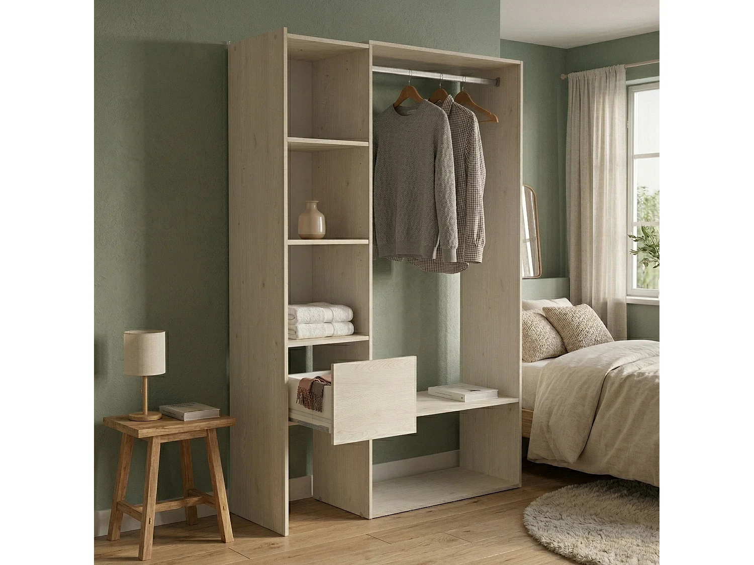 Grande Garde-robe Dcatle, Meubles de chambre, Penderie de plain-pied, Placard à vêtements, 119x40 h183 cm, Chêne clair