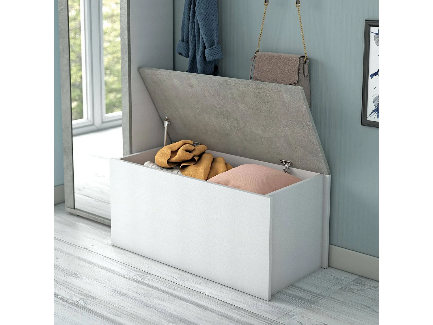 Malle Ditalen, Grande boîte de rangement polyvalente, Coffre moderne, 100% Made in Italy, 90x45h45 cm, Blanc et Ciment