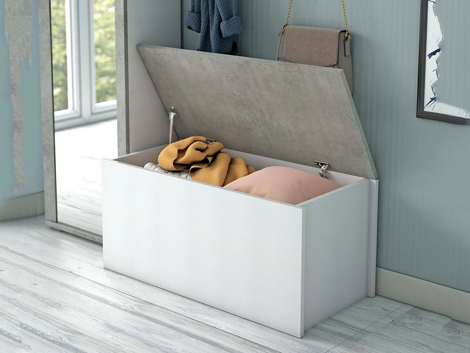 Ditalen koffer, grote multifunctionele opbergdoos, moderne kist, 100% gemaakt in Italië, 90x45h45 cm, wit en cement