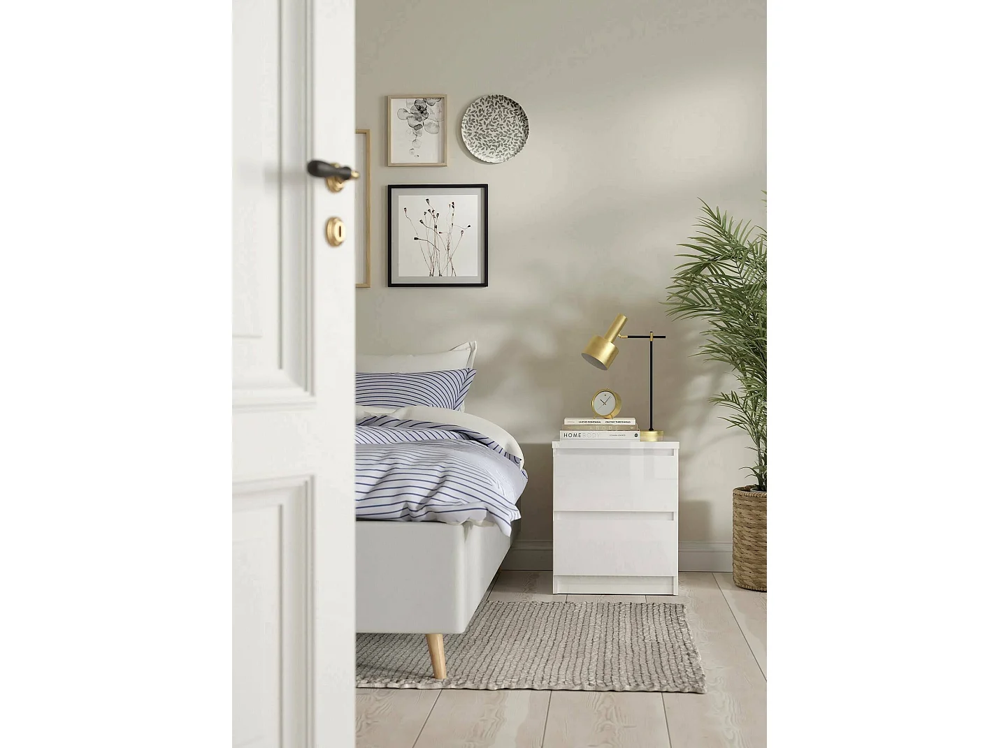 Chevet Daiki, Commode basse, Table de nuit, Étagère de chevet, 50x40 h50 cm, Blanc brillant