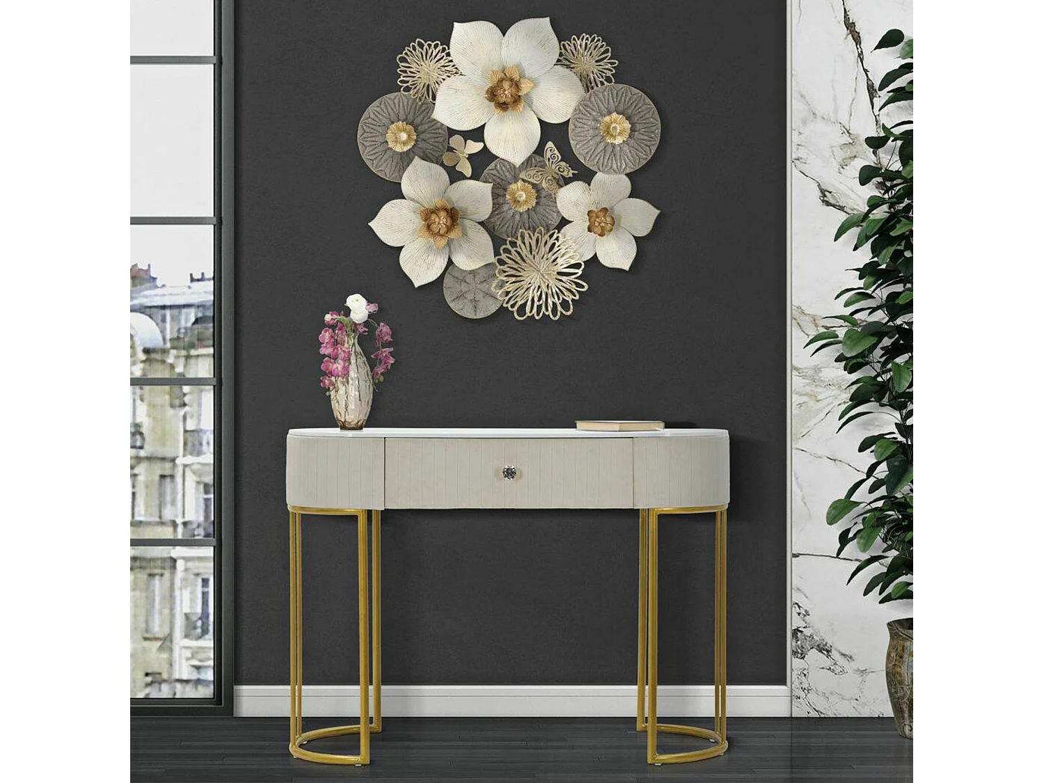 Console AbstraktesÂ , Table polyvalente, Armoire de rangement, Bureau du couloir, 100x40 h75 cm, Crème et Blanc