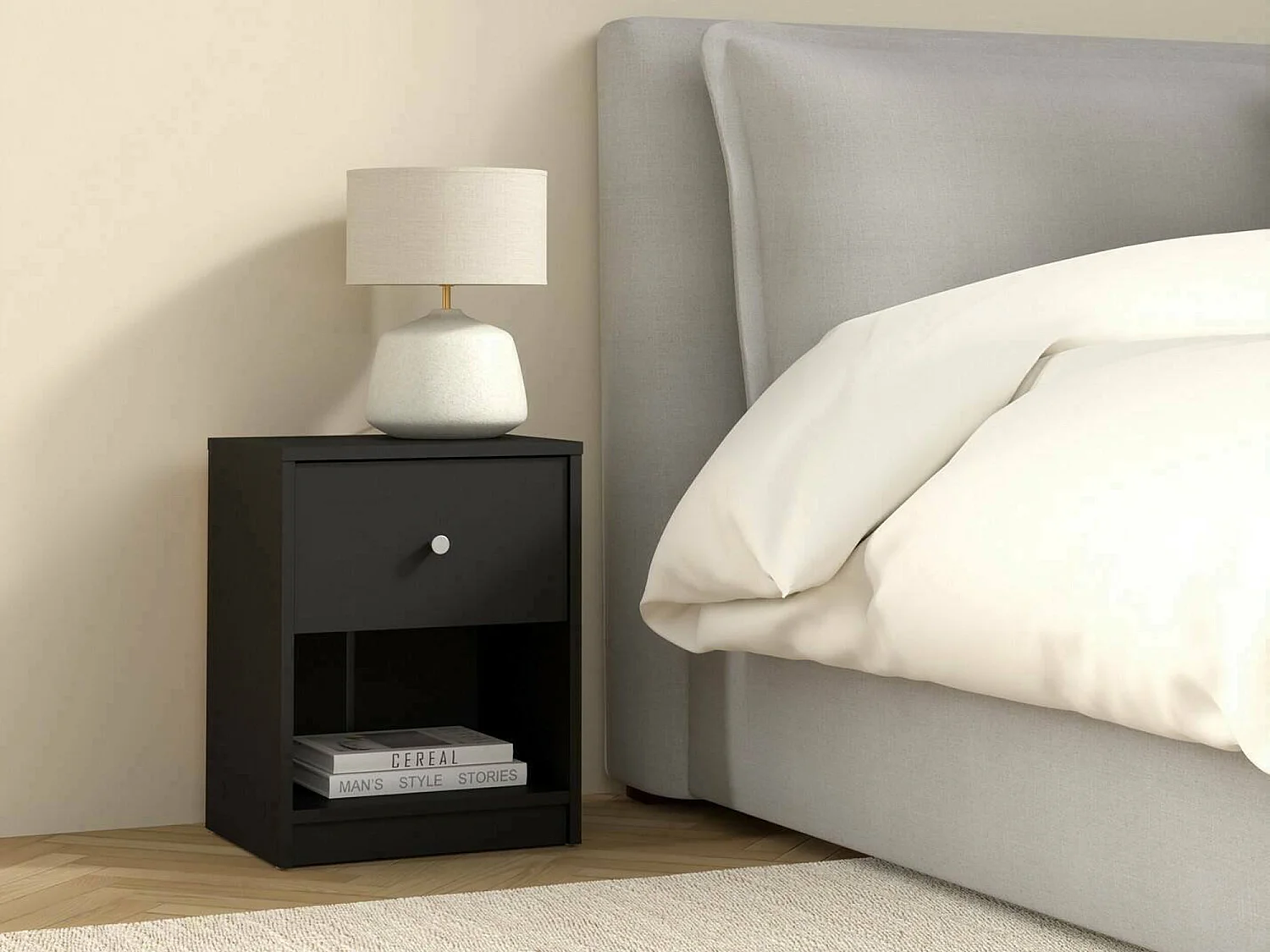 Chevet Kastri, Commode basse, Table de nuit, Étagère de chevet, 38x30 h48 cm, Noir