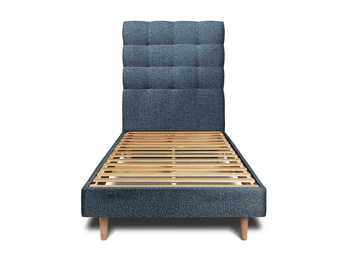 Lit 90x190cm avec tête de lit capitonnée bouclette et sommier kit Bleu - Hauteur totale : 29cm