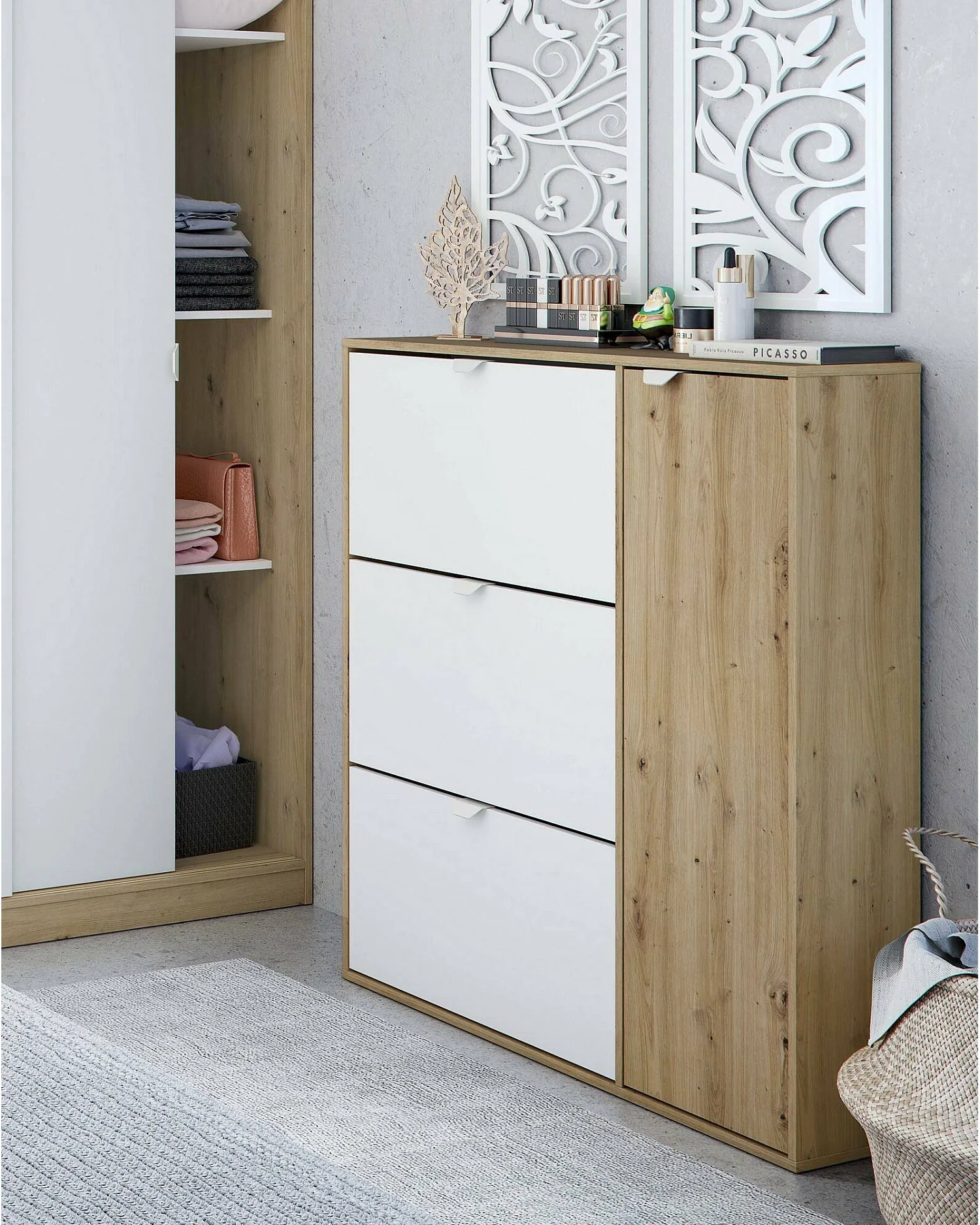 Schuhregal Dmodic, Schuhregal für den Eingangsbereich mit 4 Türen, platzsparender Schuhschrank, 105 x 24 x 112 cm, WeiÃŸ und Eiche