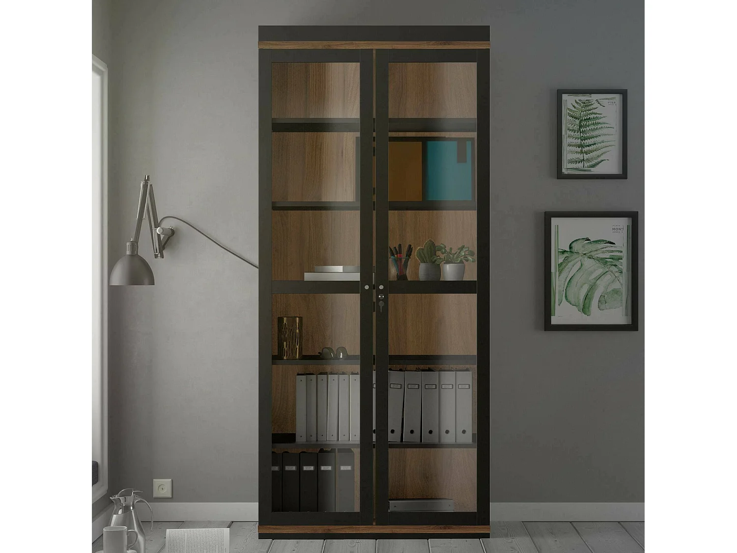 Dvazque vitrinekast, Vitrinekast, Multifunctionele vitrinekast, Woonkamerdressoir, 89x36 h200 cm, Zwart en Walnoot