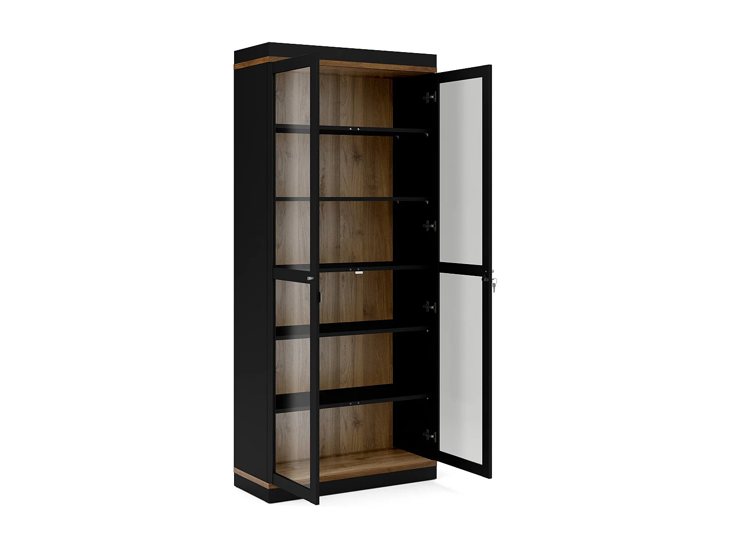 Dvazque vitrinekast, Vitrinekast, Multifunctionele vitrinekast, Woonkamerdressoir, 89x36 h200 cm, Zwart en Walnoot