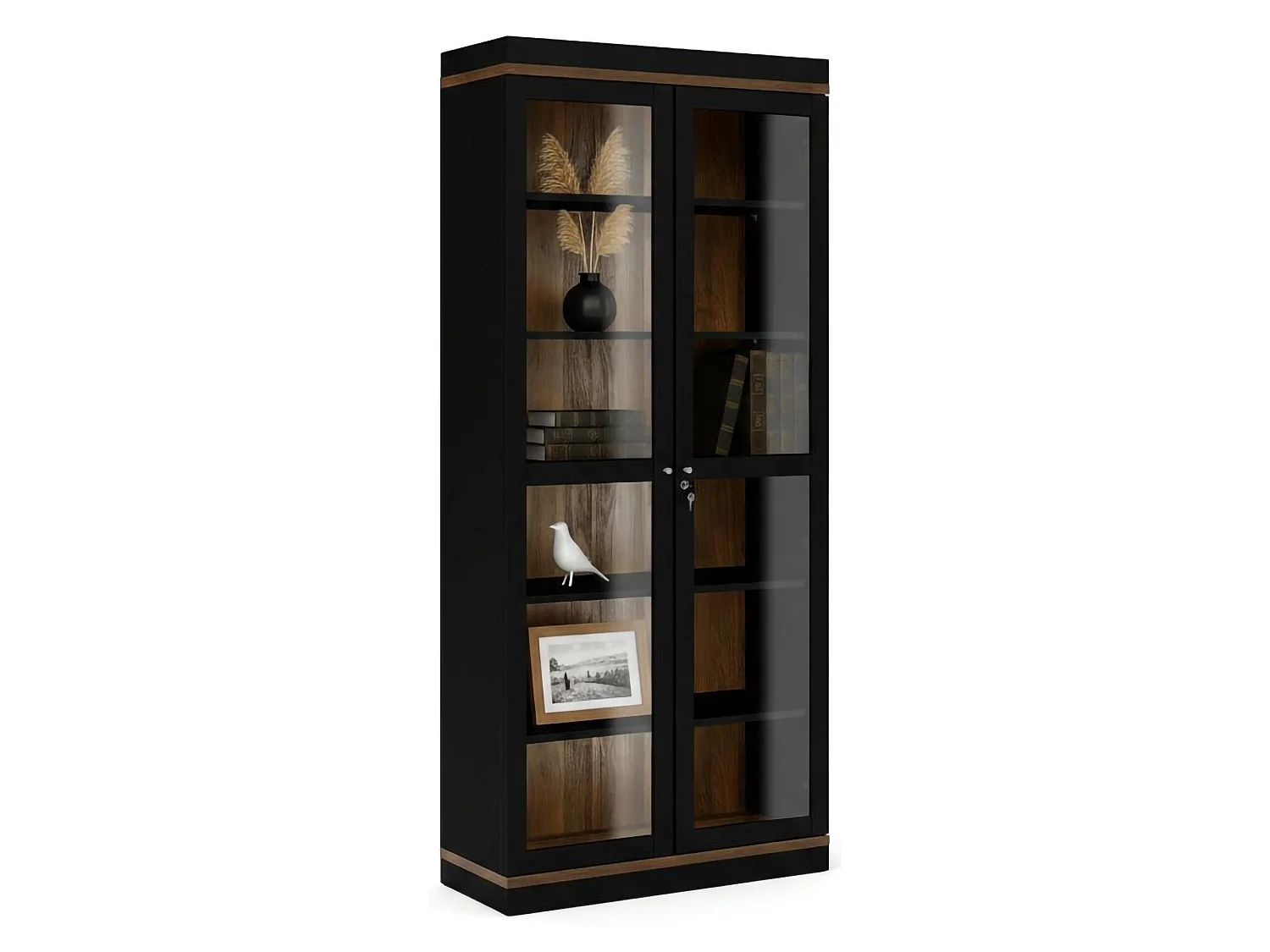 Vitrine Dvazque, Buffet d'exposition, Vitrine polyvalente, Buffet de salon, 89x36 h200 cm, Noir et Noyer