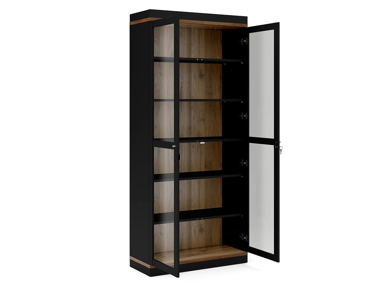 Vitrine Dvazque, Buffet d'exposition, Vitrine polyvalente, Buffet de salon, 89x36 h200 cm, Noir et Noyer