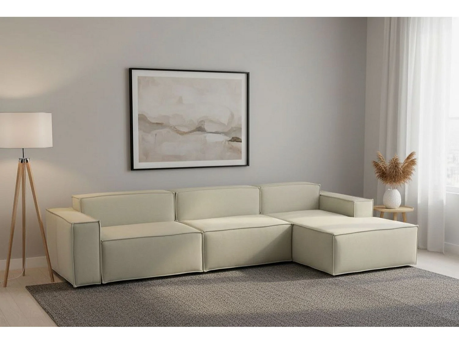 Festes Sofa Dmaiol, Modulares 4-Sitzer-Sofa mit rechter Halbinsel, 100% Made in Italy, Modernes Sofa aus Stoff, Cm 340x170h70, Beige