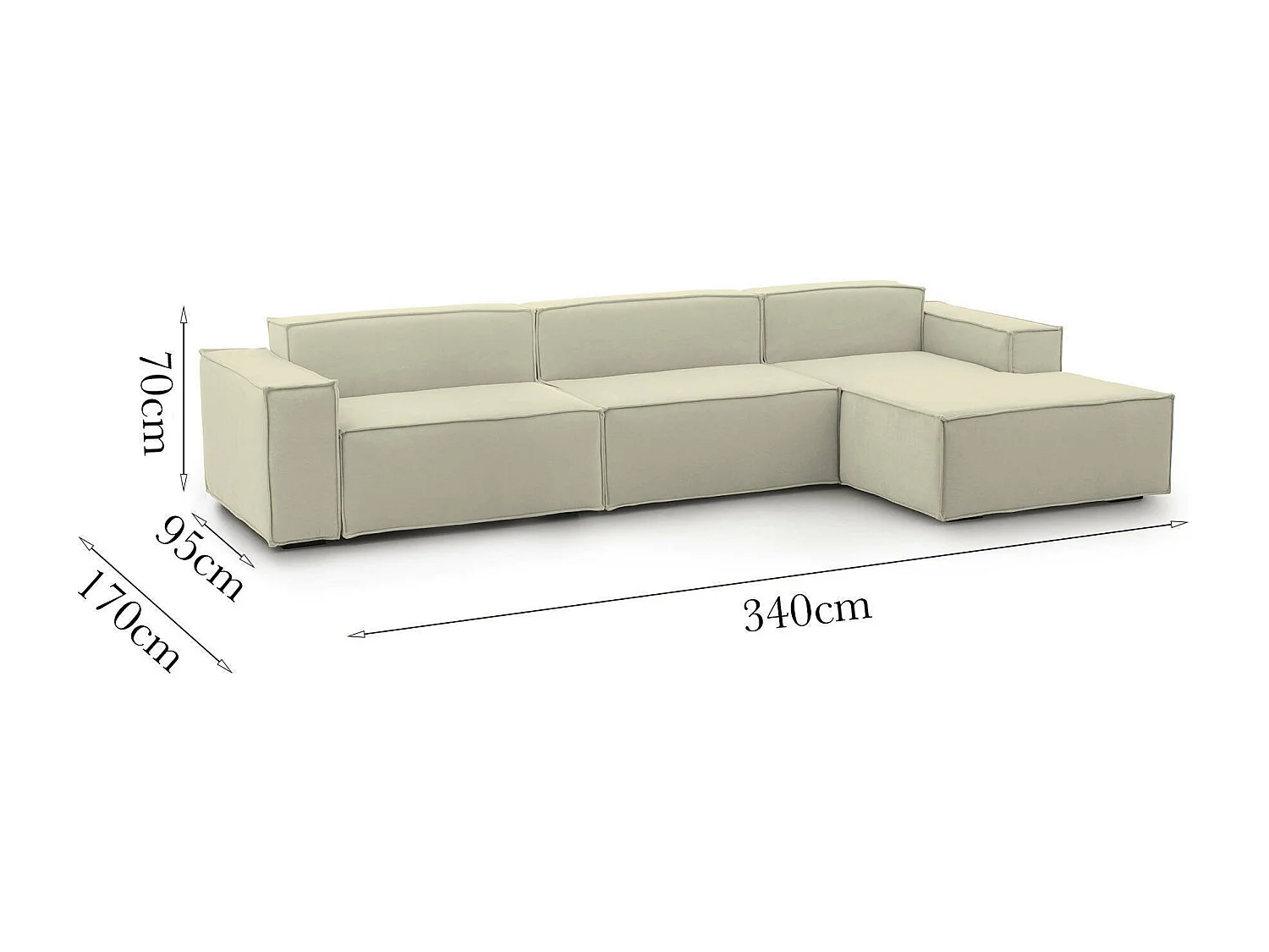 Festes Sofa Dmaiol, Modulares 4-Sitzer-Sofa mit rechter Halbinsel, 100% Made in Italy, Modernes Sofa aus Stoff, Cm 340x170h70, Beige