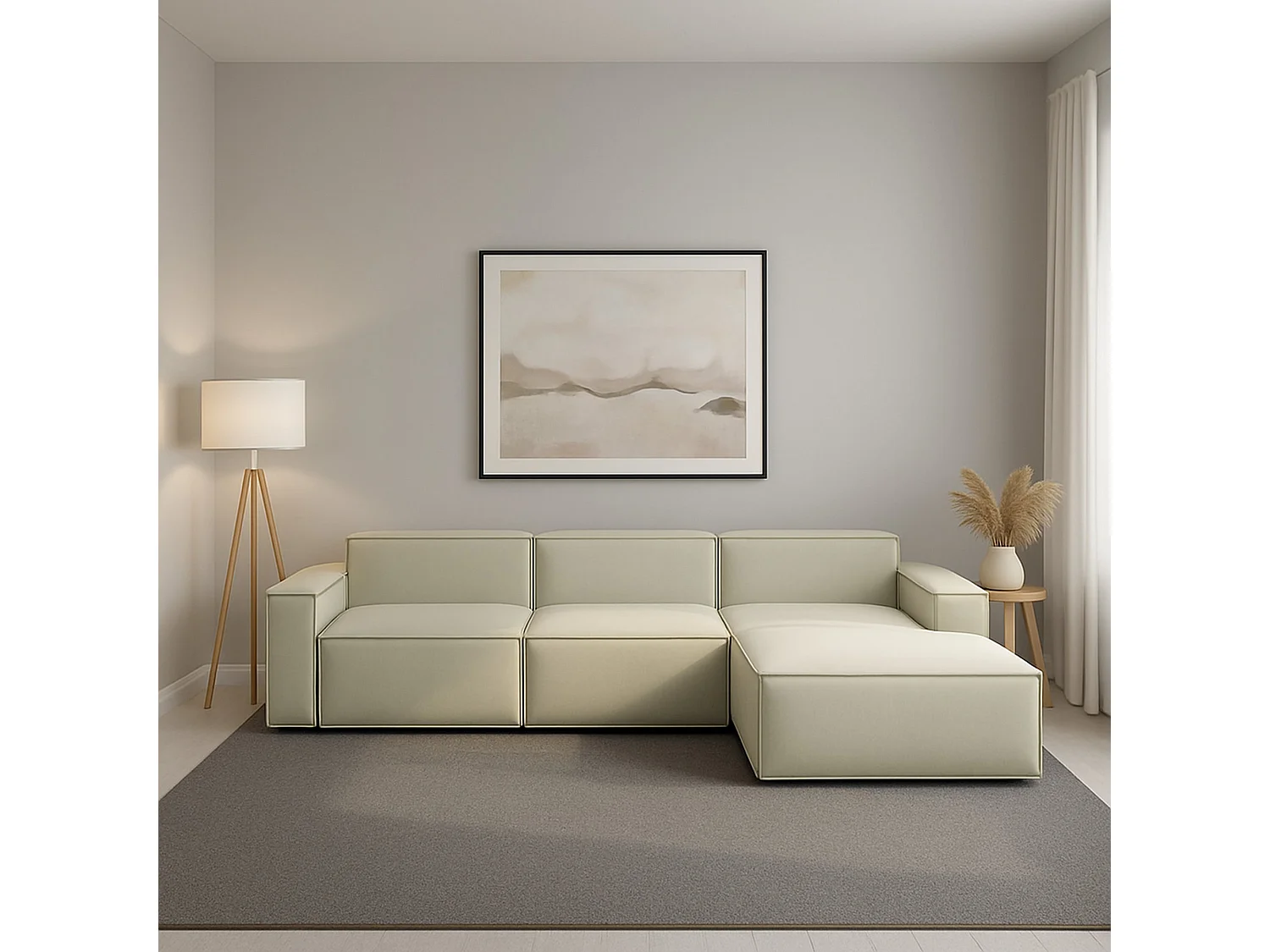 Canapé fixe Dmaiol, canapé modulable 4 places avec péninsule droite, 100% Made in Italy, Canapé moderne en tissu, 340x170h70 cm, Beige