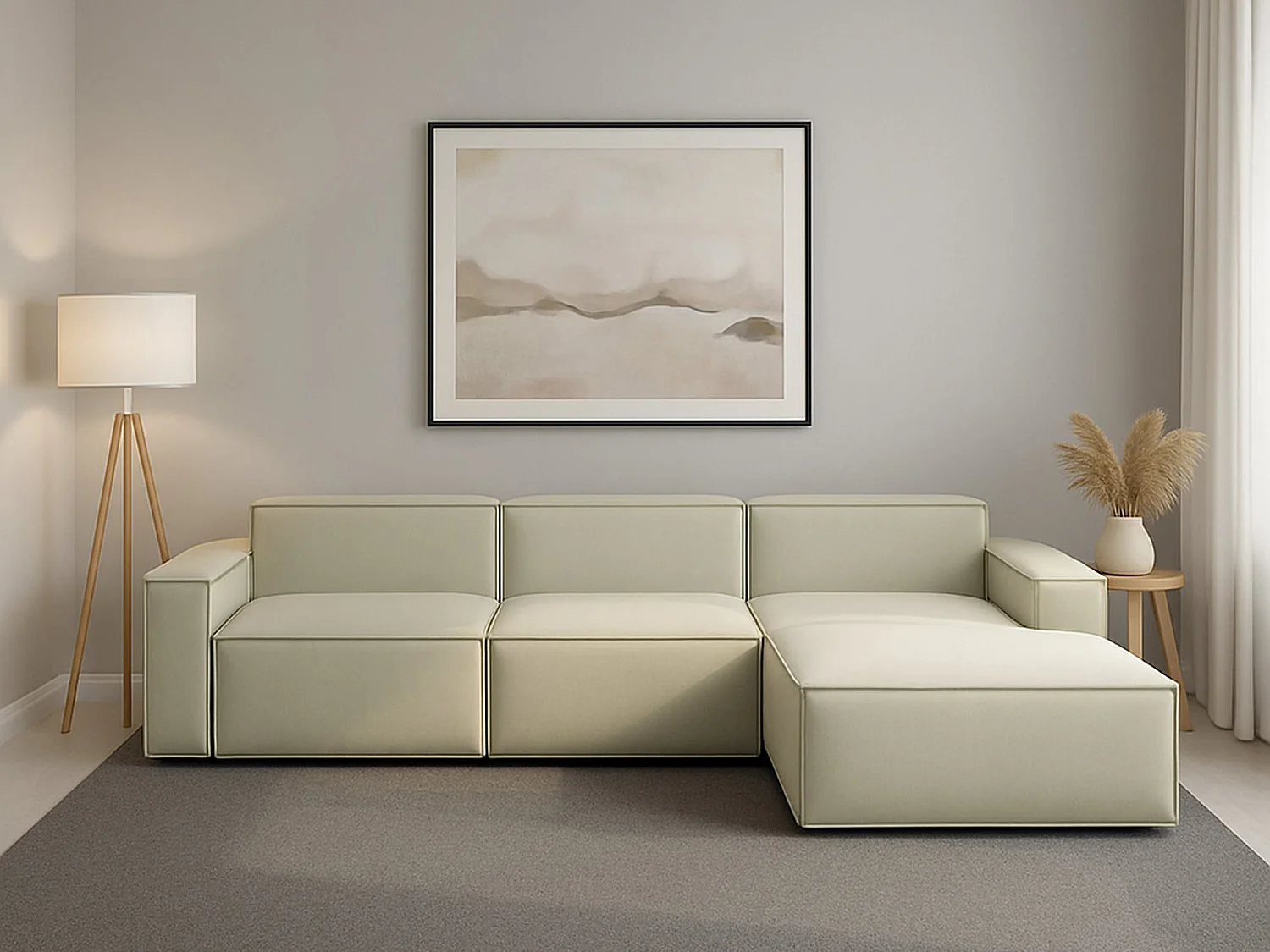 Dmaiol vaste bank, 4-zits modulaire bank met rechterschiereiland, 100% Made in Italy, Moderne stoffen bank, 340x170h70 cm, Beige