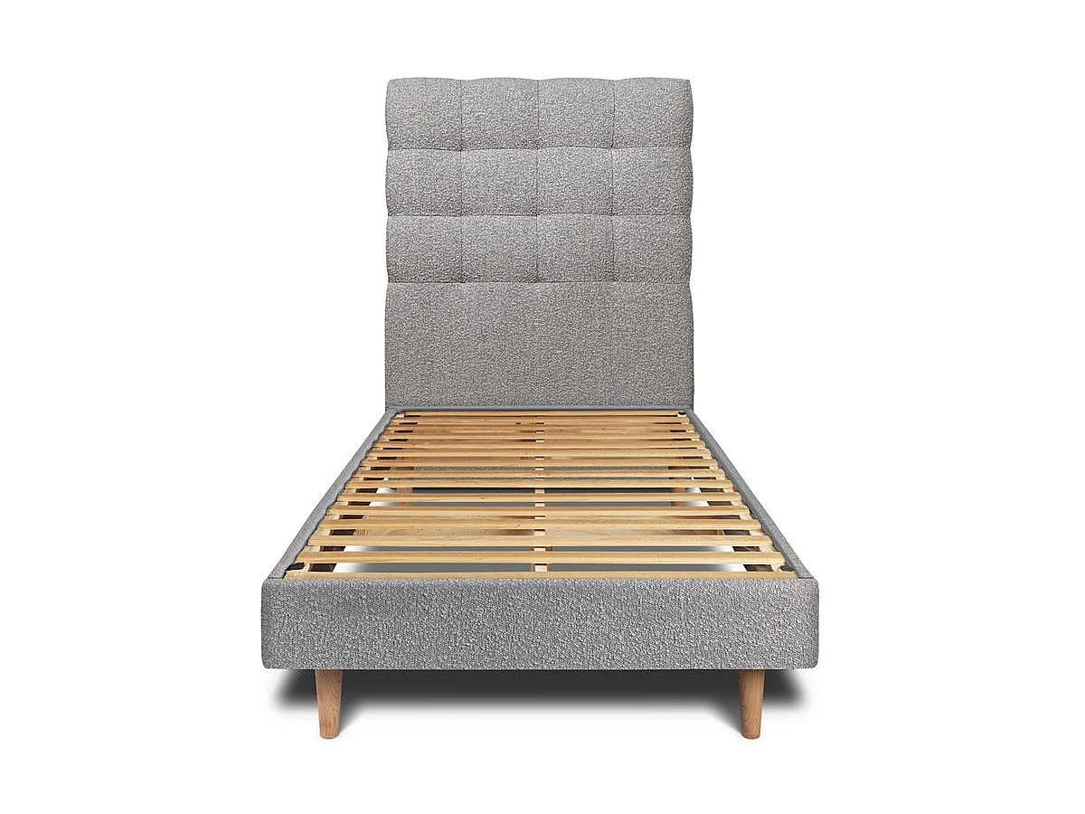 Lit 90x190cm avec tête de lit capitonnée bouclette et sommier kit Gris - Hauteur totale : 29cm