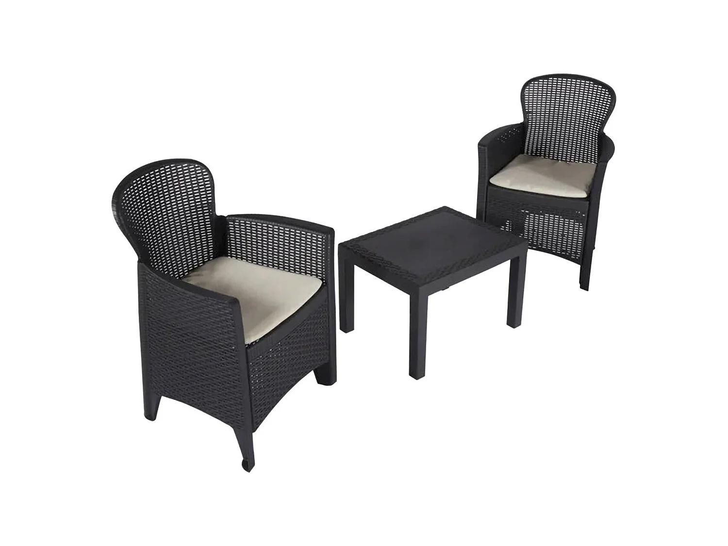 Ensemble de salon d'extérieur Foggia, Composition de jardin avec 2 fauteuils et 1 table basse, Salon effet rotin avec coussins, 100% Made in Italy, Anthracite