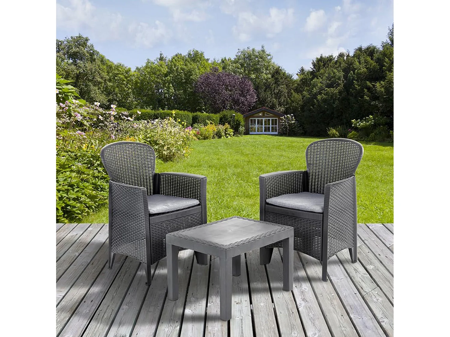 Ensemble de salon d'extérieur Foggia, Composition de jardin avec 2 fauteuils et 1 table basse, Salon effet rotin avec coussins, 100% Made in Italy, Anthracite