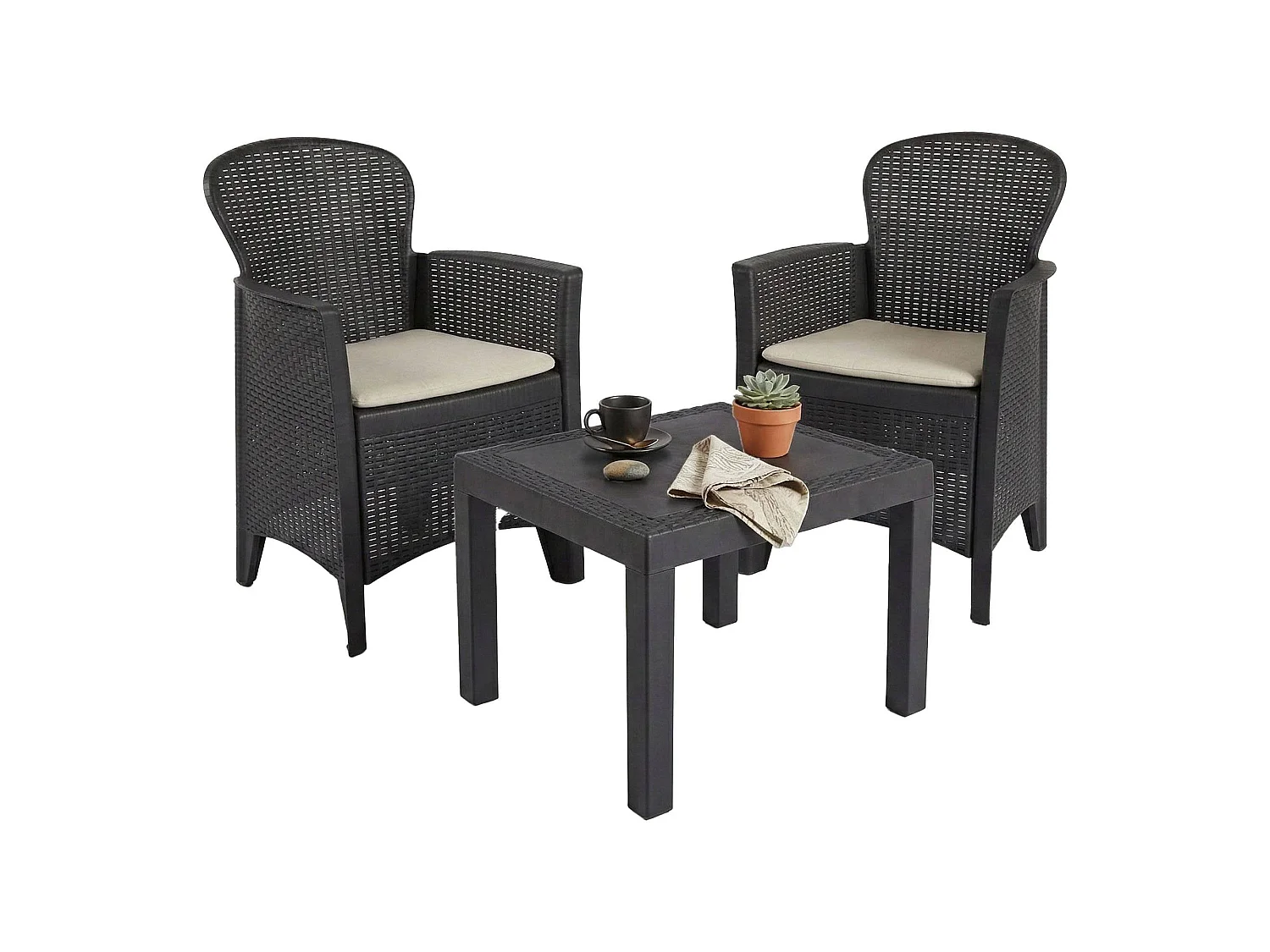 Ensemble de salon d'extérieur Foggia, Composition de jardin avec 2 fauteuils et 1 table basse, Salon effet rotin avec coussins, 100% Made in Italy, Anthracite