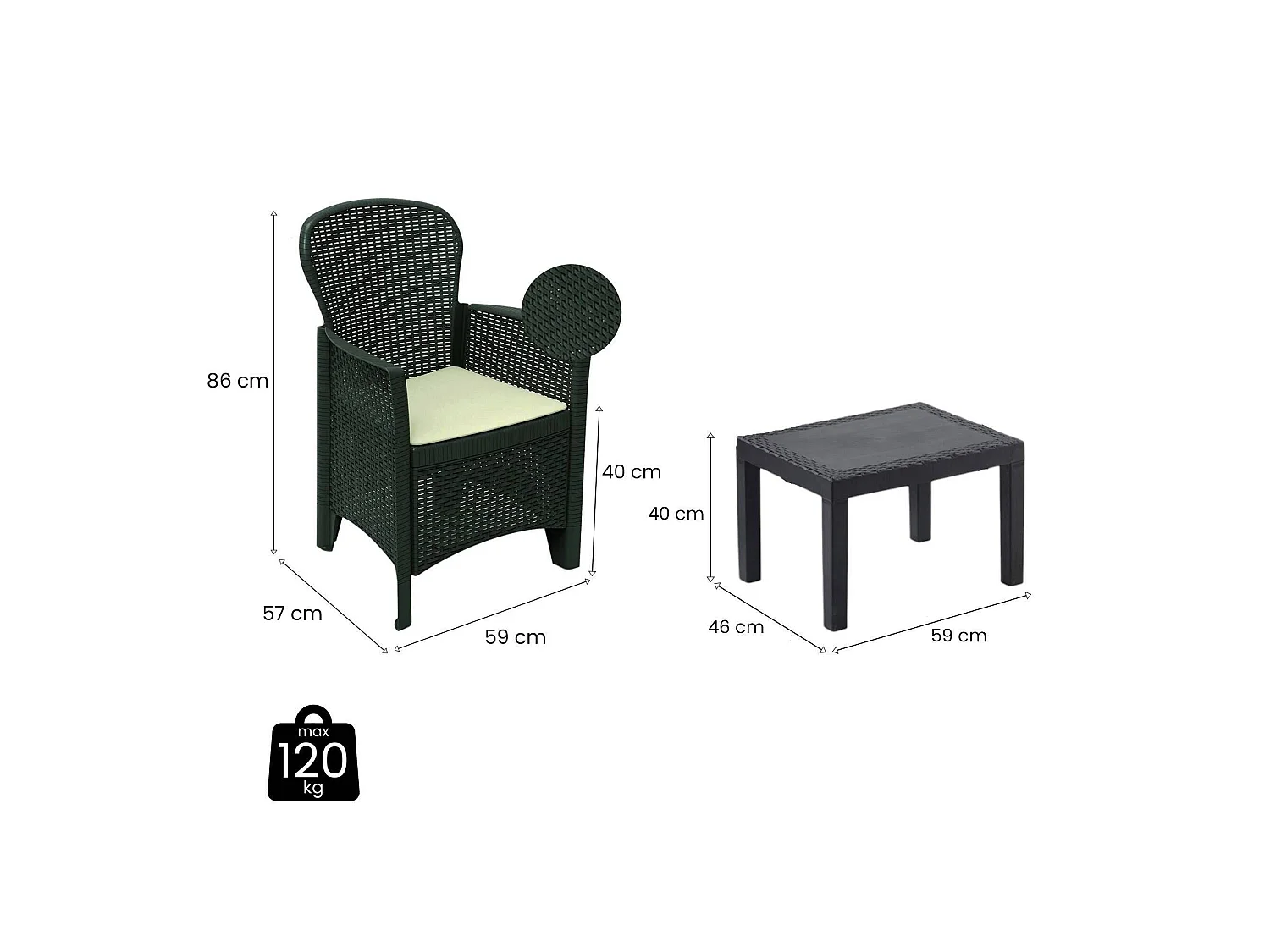 Ensemble de salon d'extérieur Foggia, Composition de jardin avec 2 fauteuils et 1 table basse, Salon effet rotin avec coussins, 100% Made in Italy, Anthracite