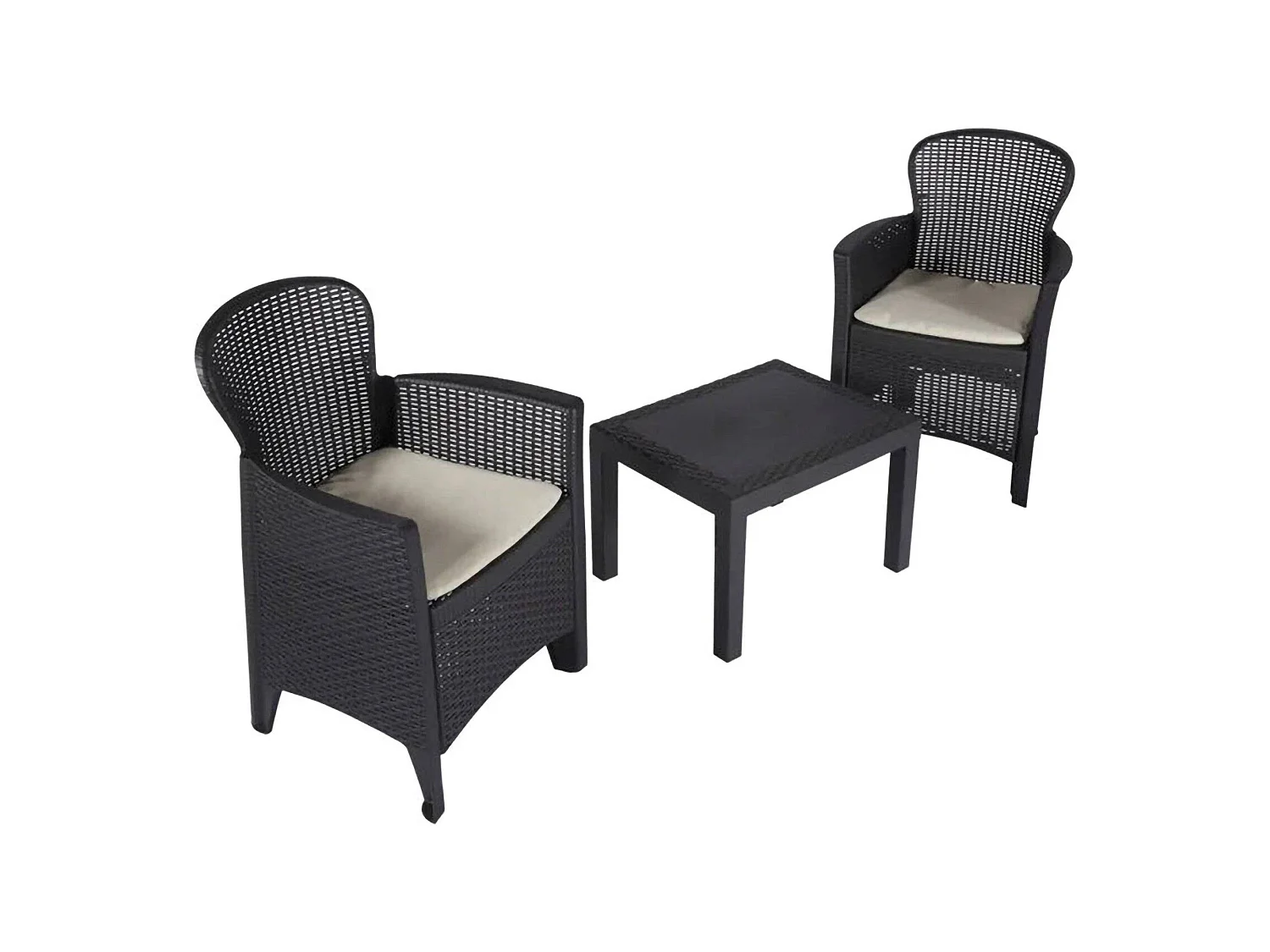 Ensemble de salon d'extérieur Foggia, Composition de jardin avec 2 fauteuils et 1 table basse, Salon effet rotin avec coussins, 100% Made in Italy, Anthracite