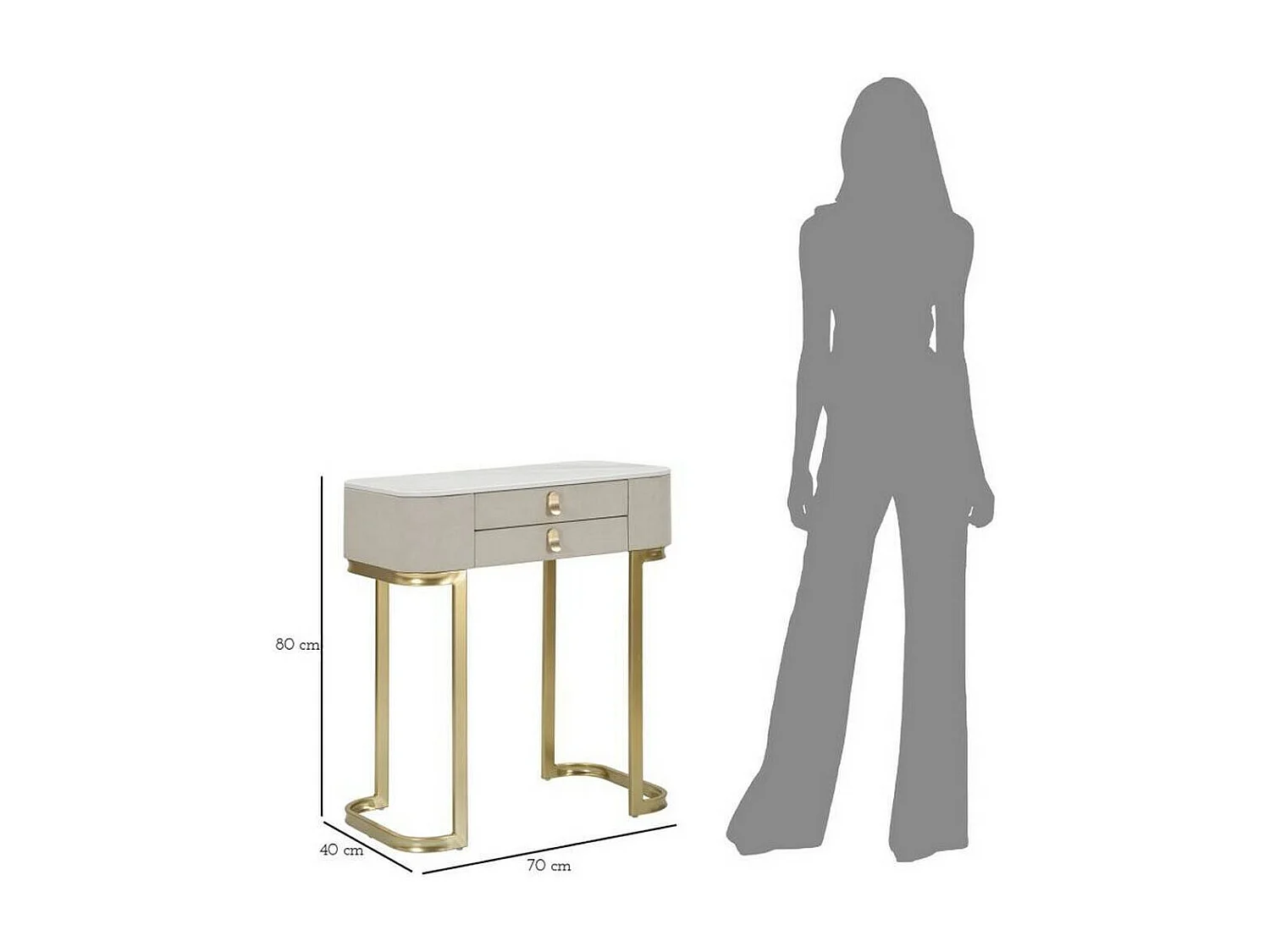 Consola Ronda, Mesa multiusos, Armário lateral, Secretária de corredor, Creme e Dourado, 70x40 h80 cm