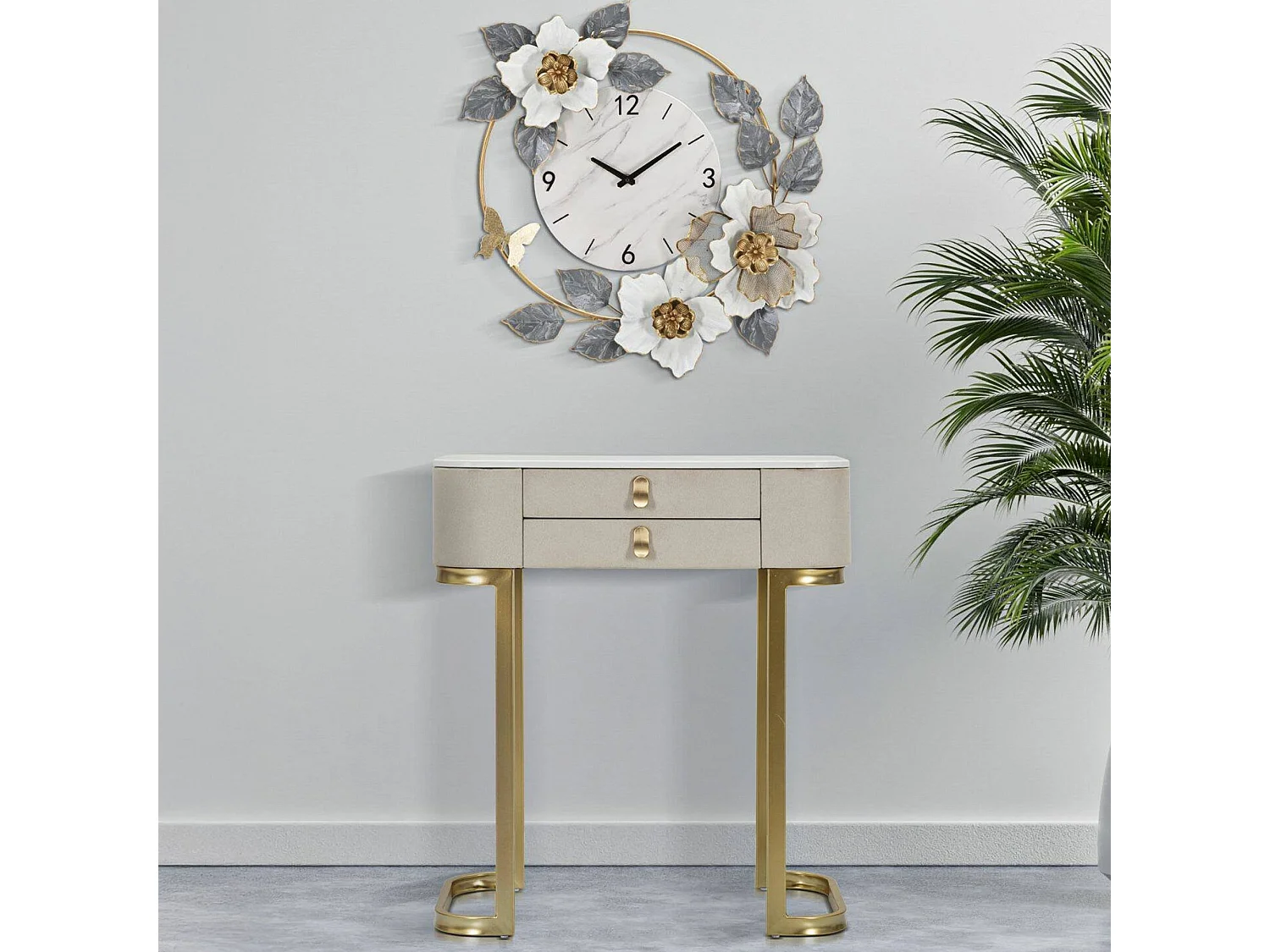 Consola Ronda, Mesa multiusos, Armário lateral, Secretária de corredor, Creme e Dourado, 70x40 h80 cm