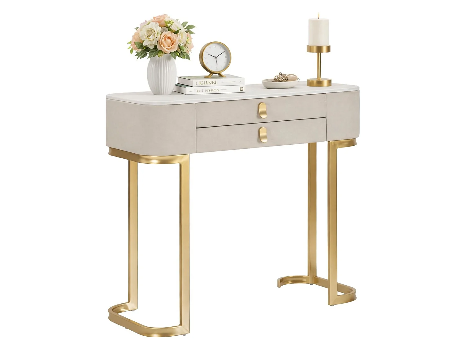 Consola Ronda, Mesa multiusos, Armário lateral, Secretária de corredor, Creme e Dourado, 70x40 h80 cm