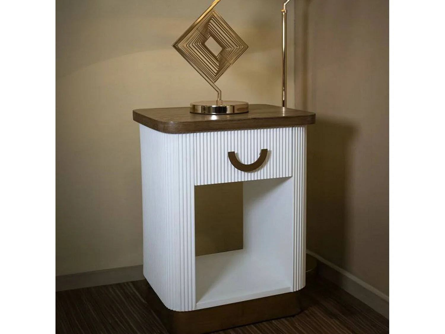 Chevet Fagends, Commode basse, Table de nuit, Étagère de chevet, 48x40 h62 cm, Blanc et marron
