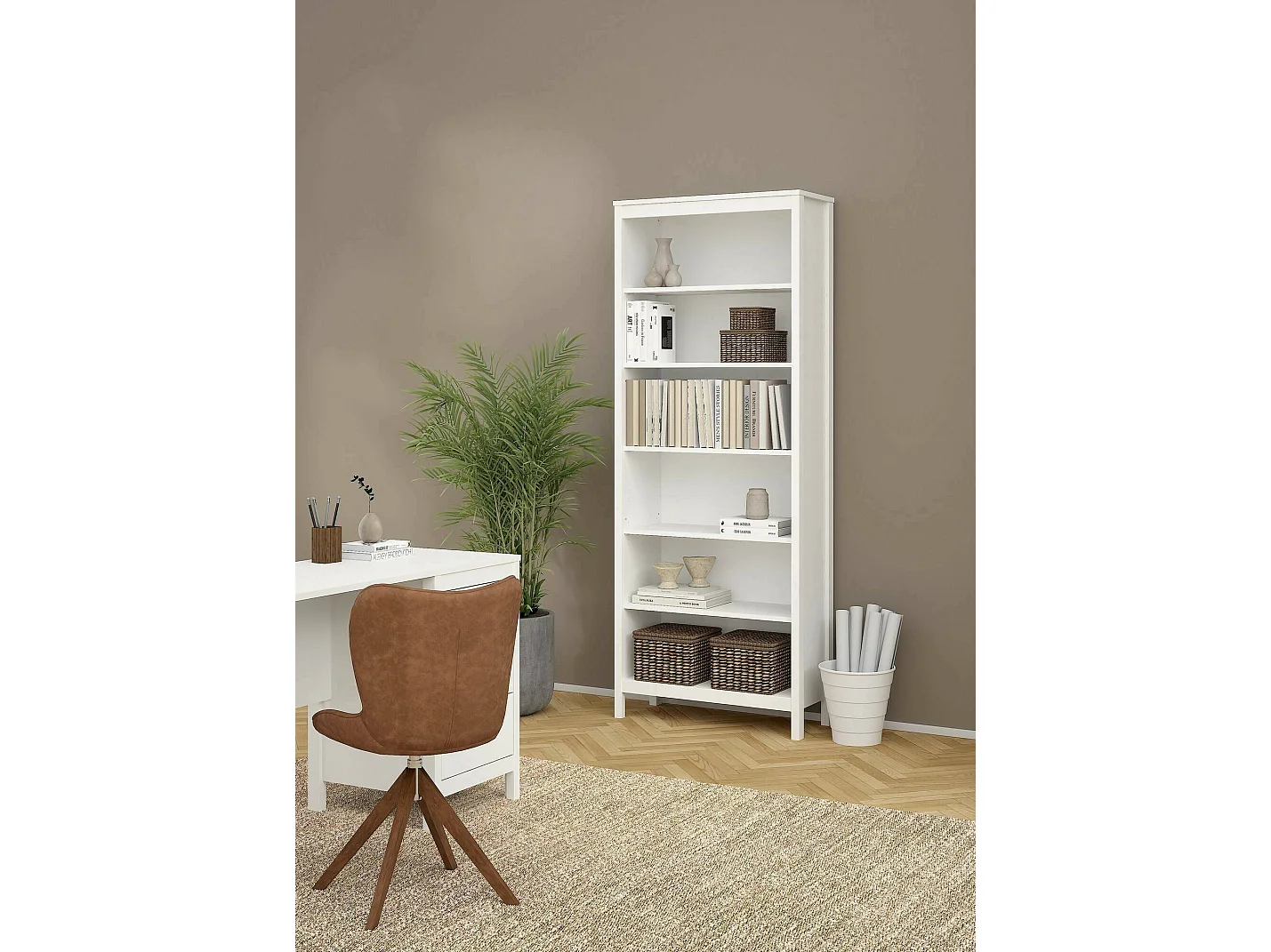 Bibliothèque Dtamez, Etagère de bureau, Porte-livre mobile, Librairie, 78x33 h199 cm, Blanc