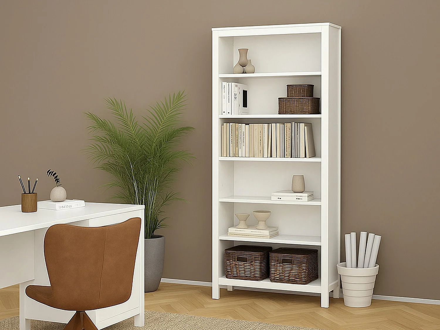 Bibliothèque Dtamez, Etagère de bureau, Porte-livre mobile, Librairie, 78x33 h199 cm, Blanc