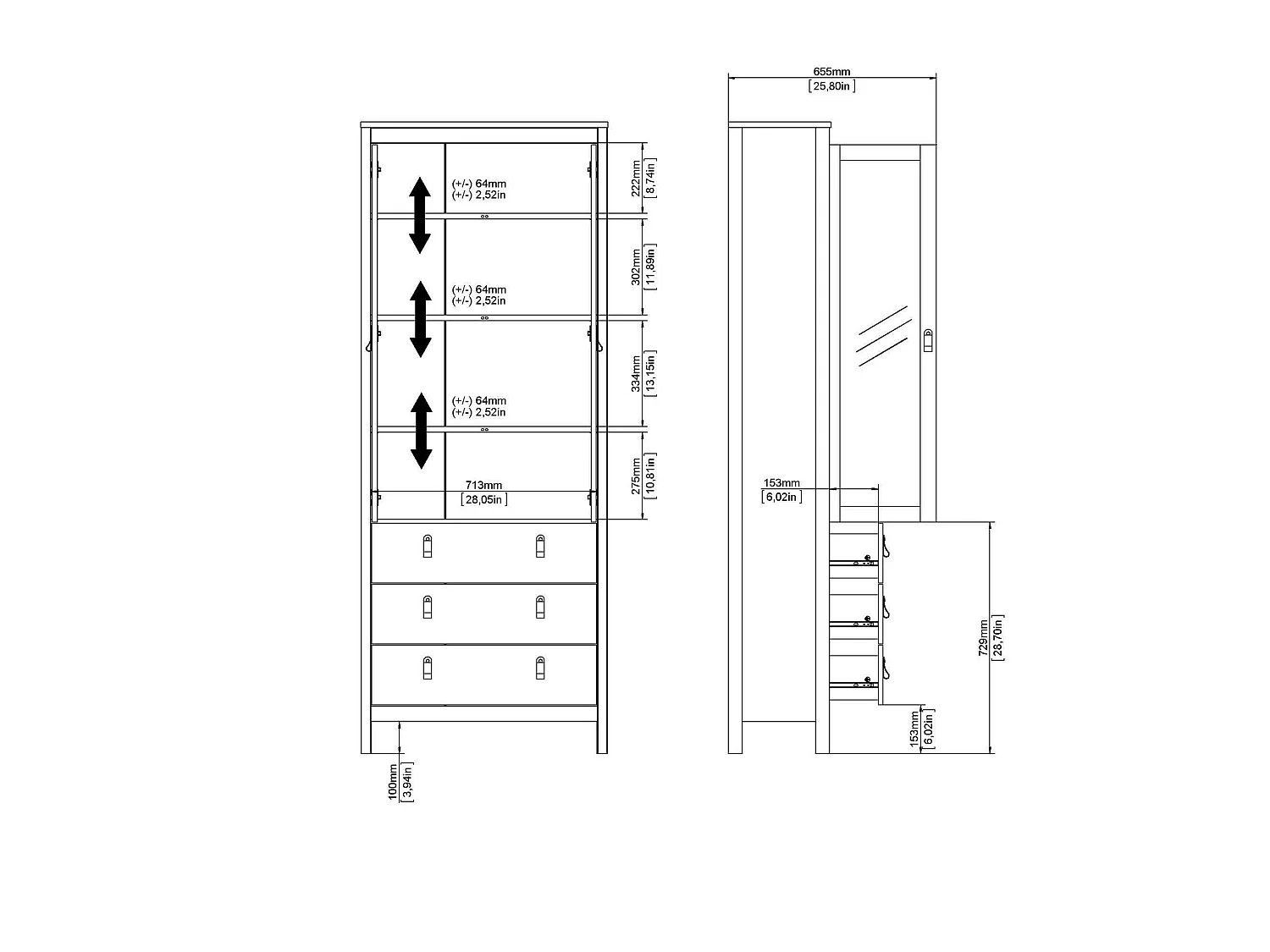 Vitrine Dvecch, Buffet d'exposition, Vitrine polyvalente, Buffet de salon, 78x33 h199 cm, Noir