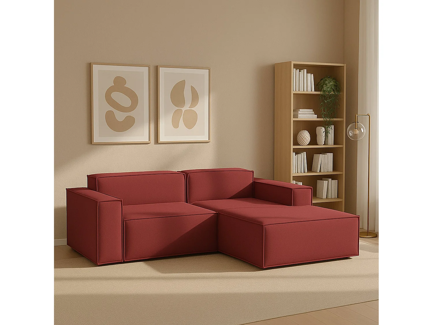 Sofá fixo Patrizia, sofá modular de 2 lugares com península direita, 100% Fabricado na Itália, Sofá de tecido moderno, 220x170h70 cm, Vermelho