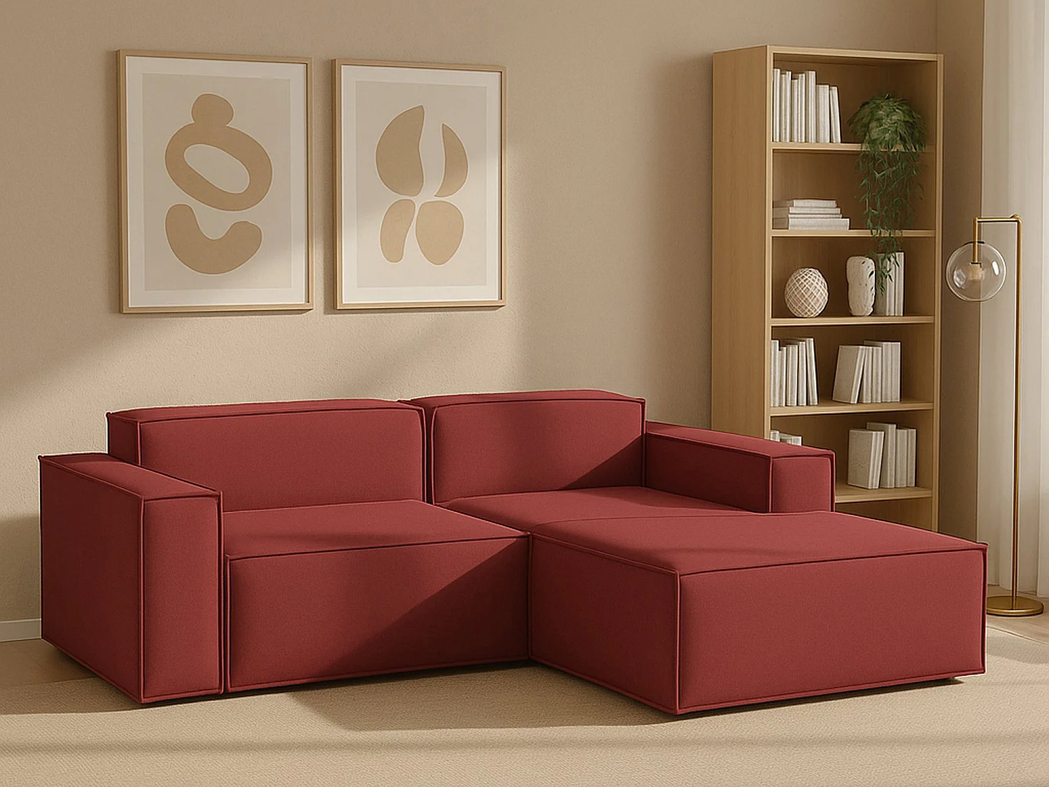 Sofá fixo Patrizia, sofá modular de 2 lugares com península direita, 100% Fabricado na Itália, Sofá de tecido moderno, 220x170h70 cm, Vermelho