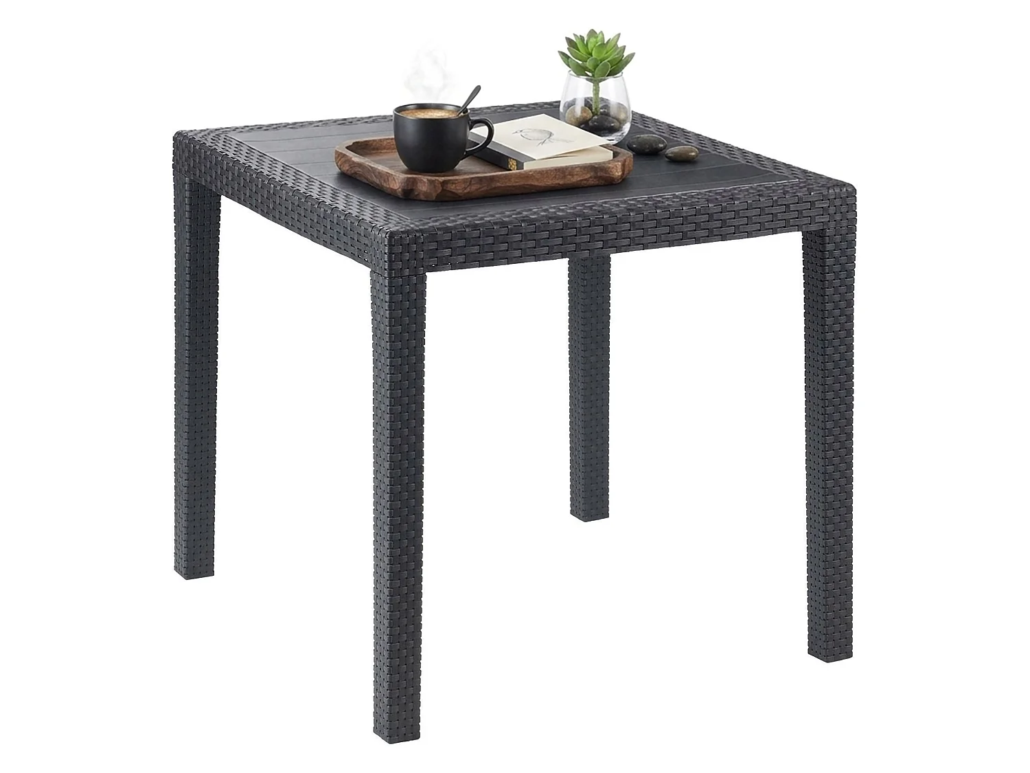 Table d'extérieur Daanan, Table de jardin carrée, Etagère fixe effet rotin, 100% Made in Italy, 80x80h72 cm, Anthracite