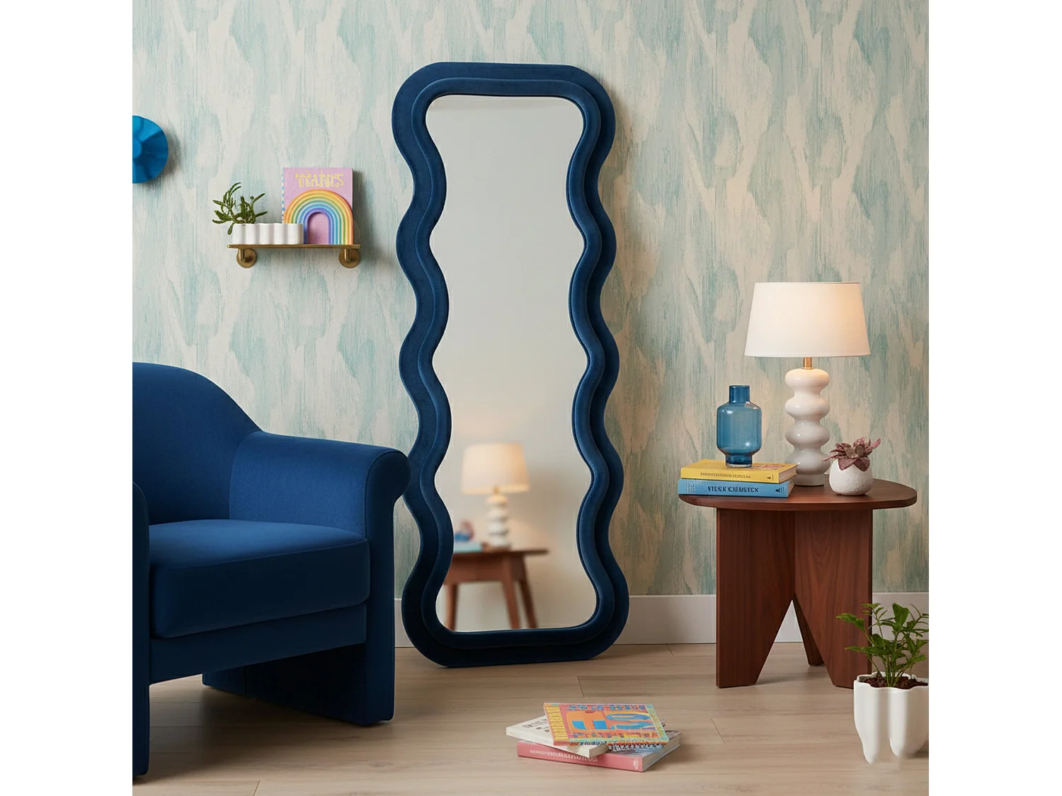 Miroir Allen, Verre miroité, Objet d'ameublement mural, Décoration avec miroir, 60x6 h160 cm, Bleu