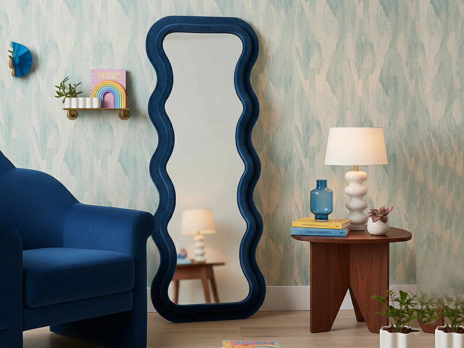 Miroir Allen, Verre miroité, Objet d'ameublement mural, Décoration avec miroir, 60x6 h160 cm, Bleu