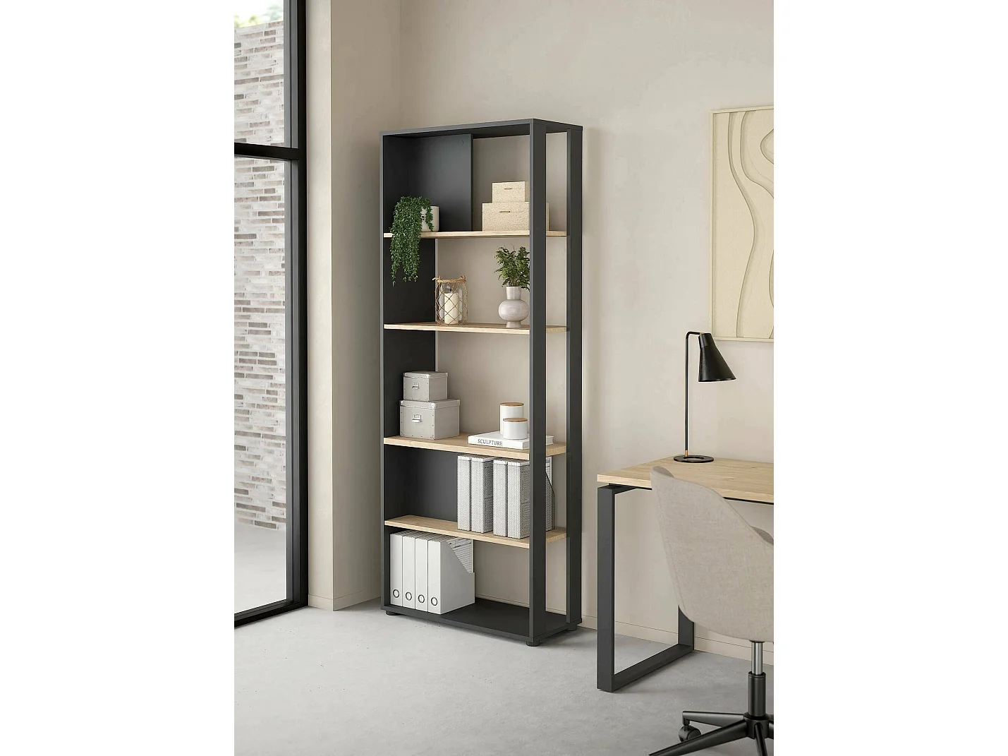 Bibliothèque Dspelt, Etagère de bureau, Porte-livre mobile, Librairie, 80x34 h205 cm, Chêne et Gris