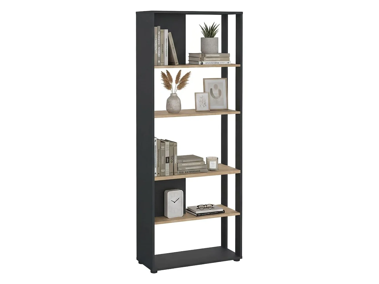 Bibliothèque Dspelt, Etagère de bureau, Porte-livre mobile, Librairie, 80x34 h205 cm, Chêne et Gris