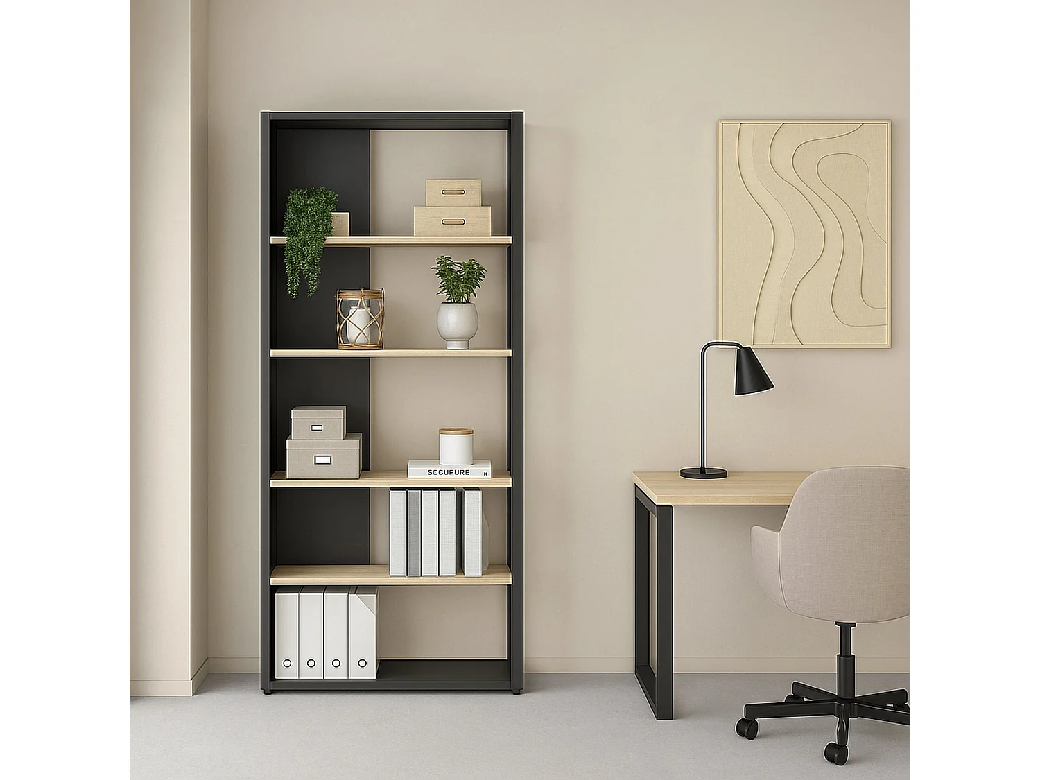 Bibliothèque Dspelt, Etagère de bureau, Porte-livre mobile, Librairie, 80x34 h205 cm, Chêne et Gris