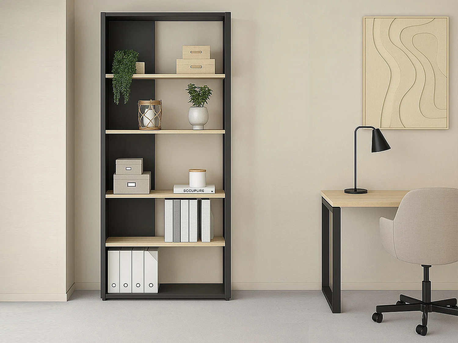 Bibliothèque Dspelt, Etagère de bureau, Porte-livre mobile, Librairie, 80x34 h205 cm, Chêne et Gris