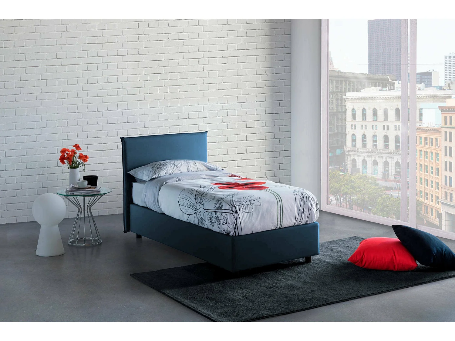 Lit simple Dbaston, Lit coffre avec revêtement en tissu, 100% Made in Italy, Ouverture frontale, avec matelas 90x200 cm inclus, Bleu