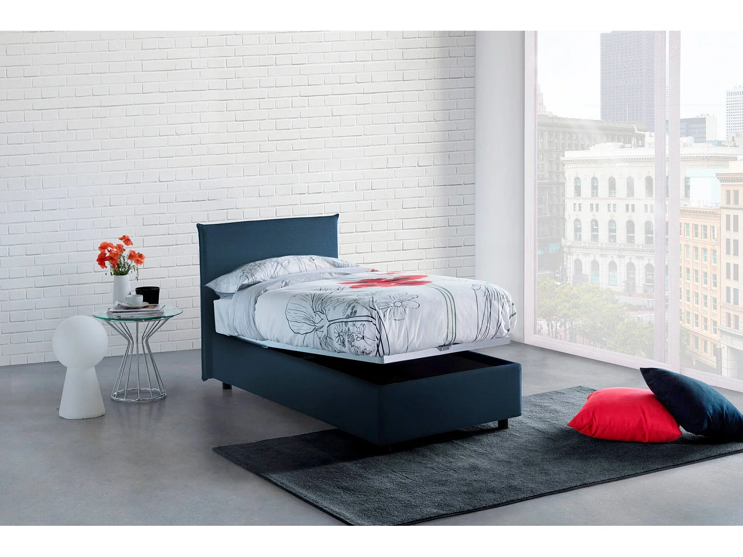 Lit simple Dbaston, Lit coffre avec revêtement en tissu, 100% Made in Italy, Ouverture frontale, avec matelas 90x200 cm inclus, Bleu