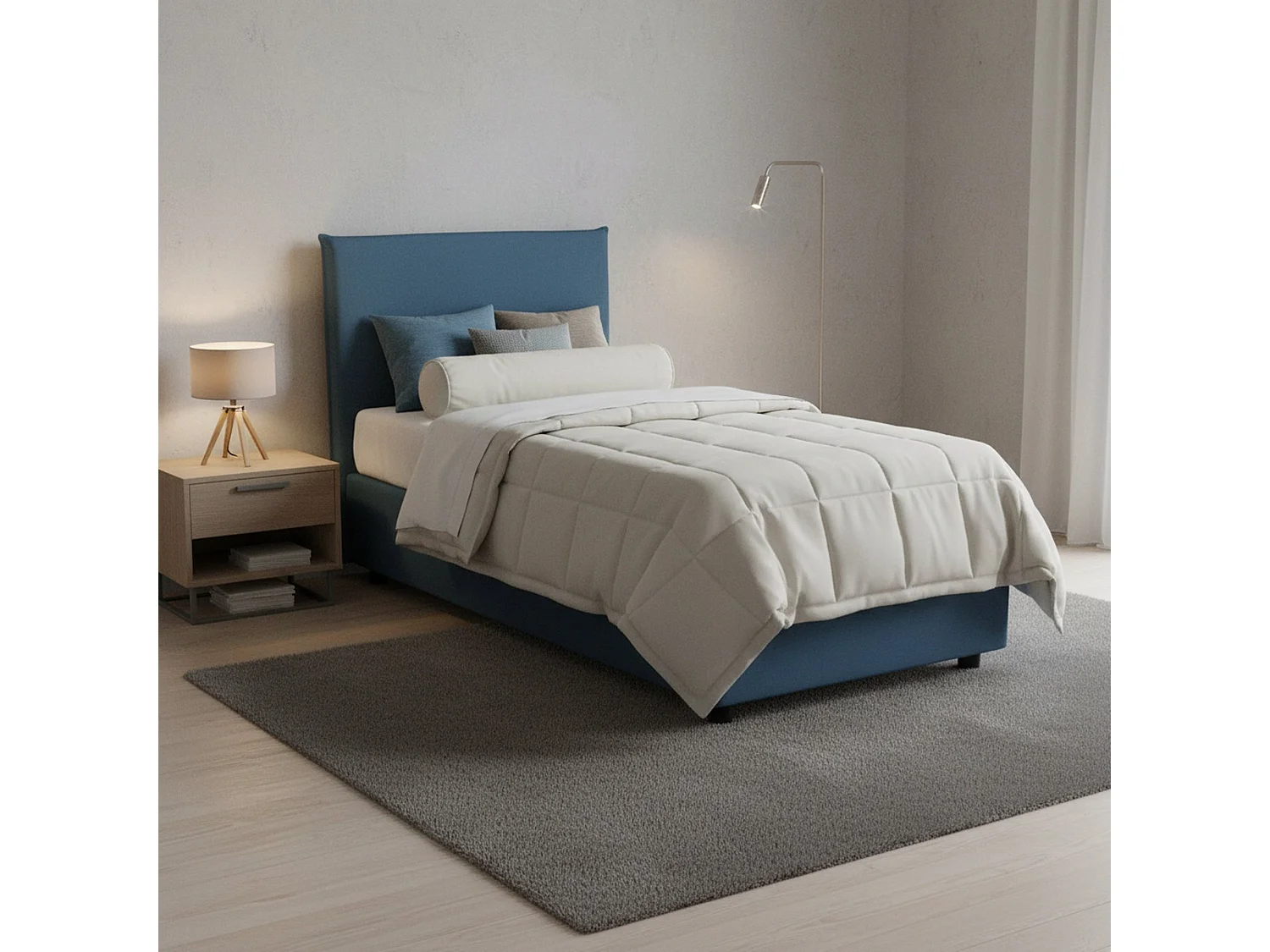 Lit simple Dbaston, Lit coffre avec revêtement en tissu, 100% Made in Italy, Ouverture frontale, avec matelas 90x200 cm inclus, Bleu