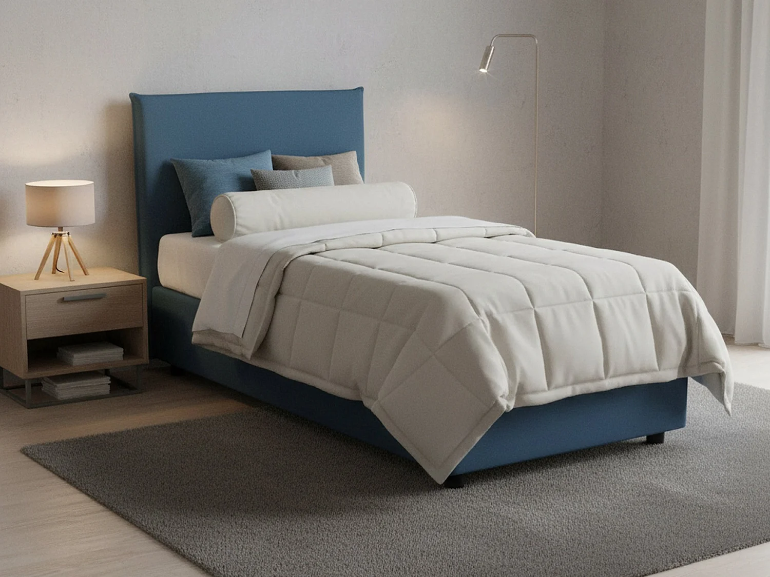 Lit simple Dbaston, Lit coffre avec revêtement en tissu, 100% Made in Italy, Ouverture frontale, avec matelas 90x200 cm inclus, Bleu