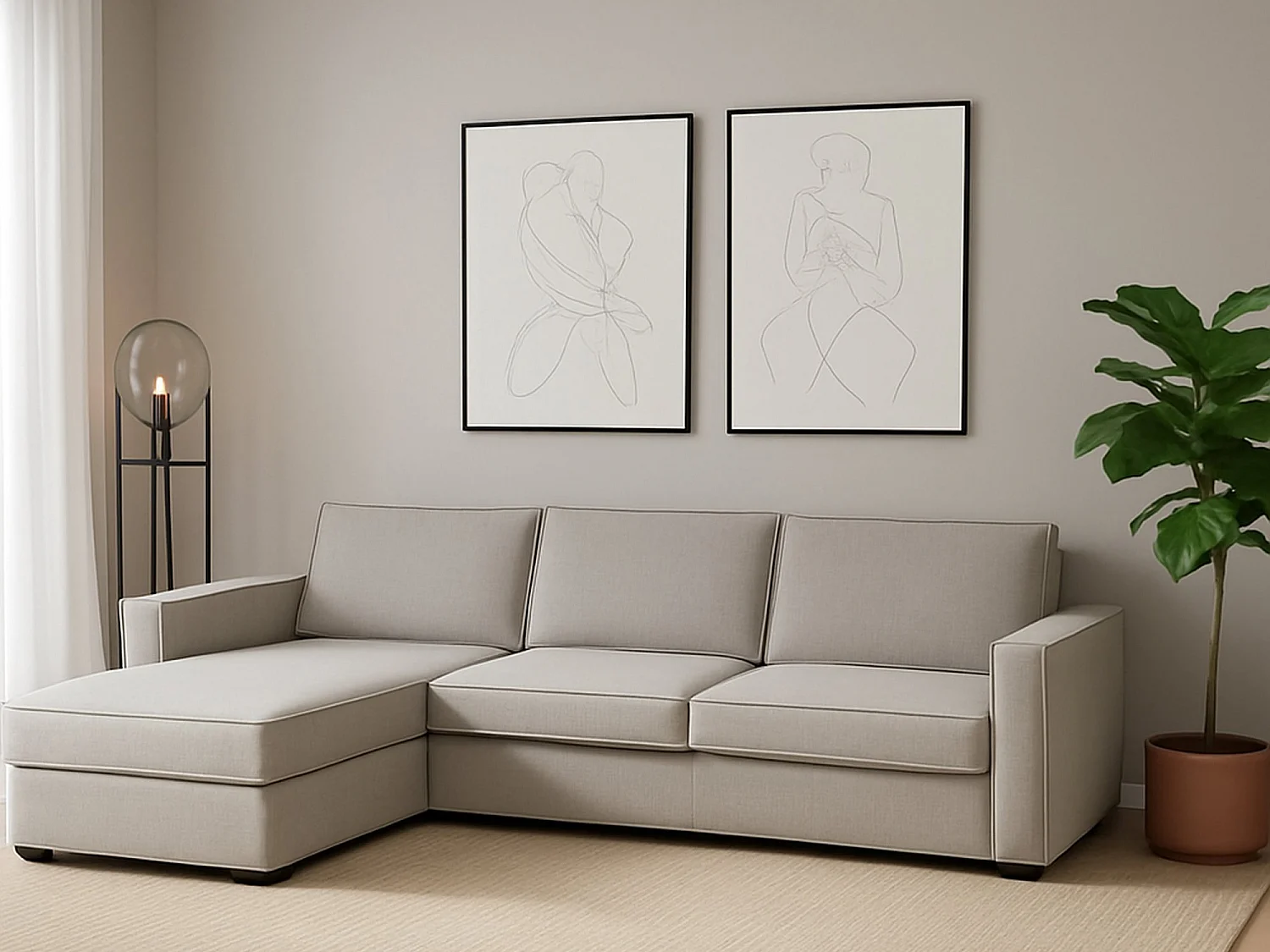 Divano Fisso con Penisola Anila, Sfoderabile Made in Italy, 95x280 cm Grigio