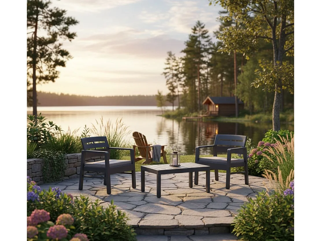 Set salotto da esterno Benevento, Set da giardino con 2 poltrone e 1 tavolino, Salottino indoor e outdoor con cuscini, 100% Made in Italy, Antracite