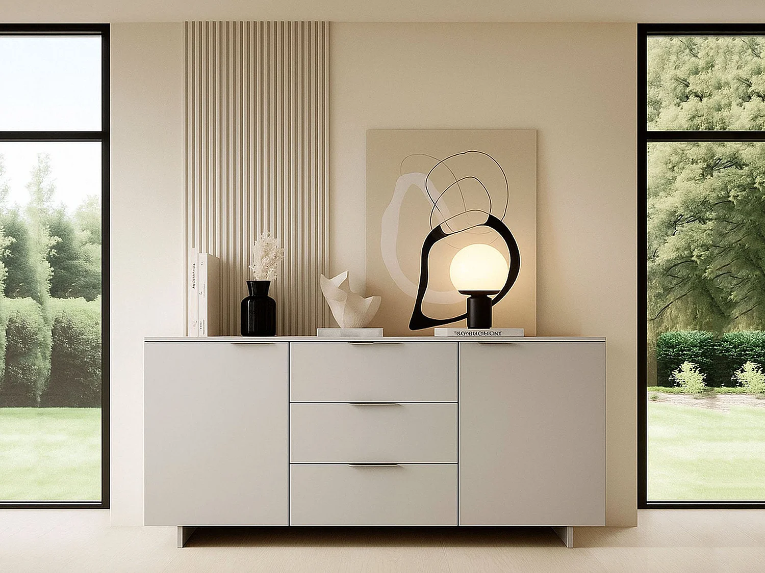 Aparador Neiv, 2 estantes, 180x42x90h cm Beige, 3 cajones, 2 puertas