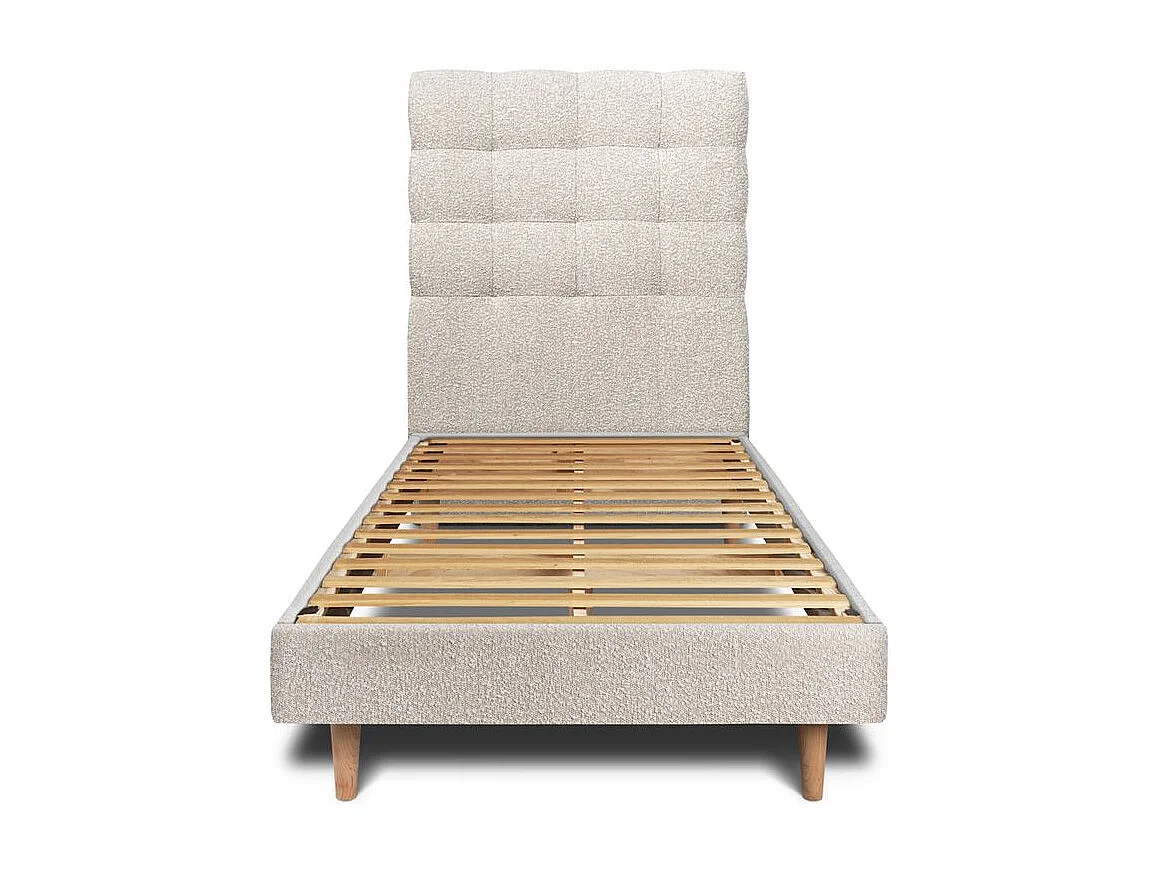 Lit 90x190cm avec tête de lit capitonnée bouclette et sommier kit Beige - Hauteur totale : 29cm