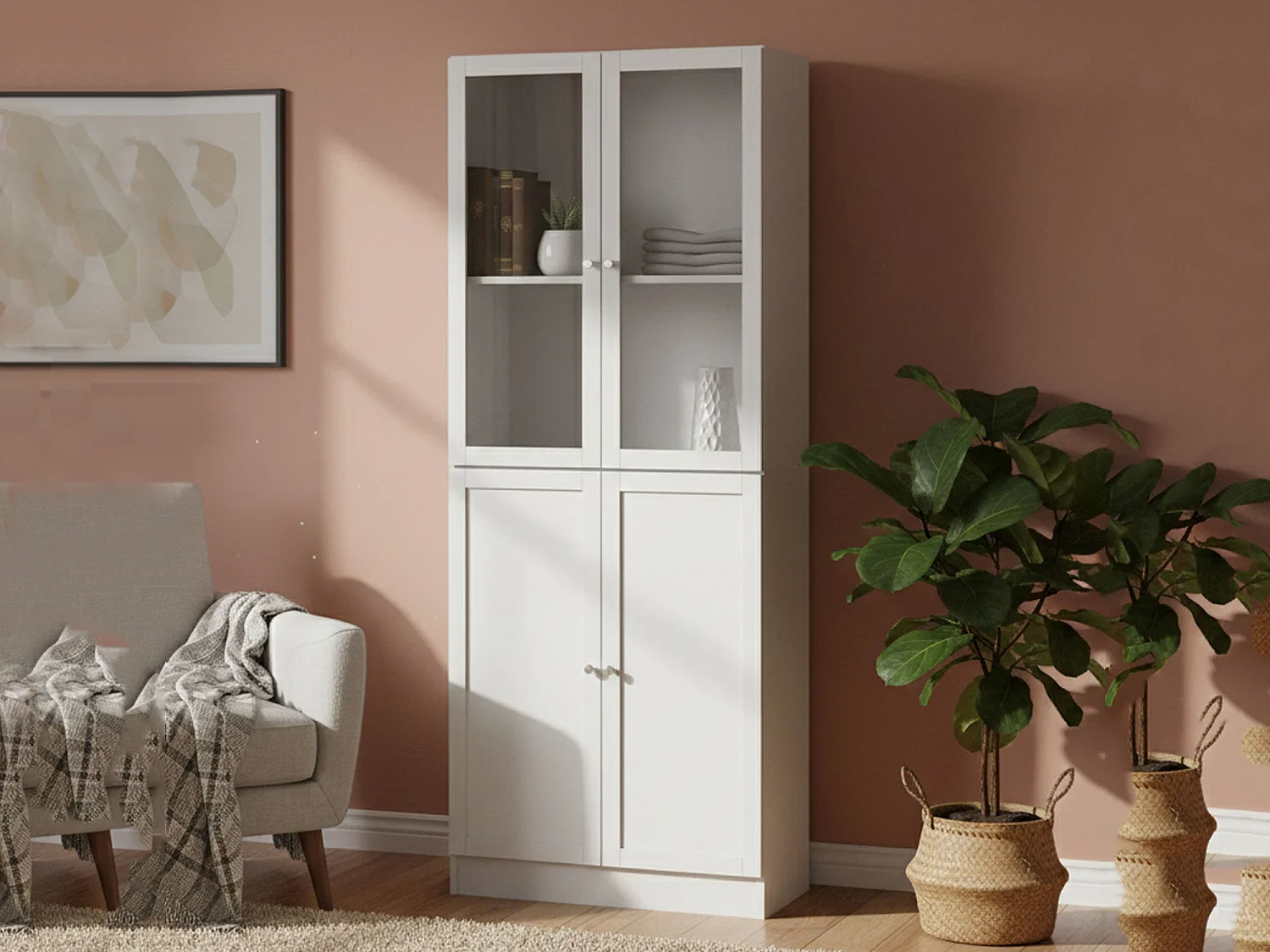 Bibliothèque Dsnidar, Etagère de bureau, Porte-livre mobile, Librairie, 79x28 h203 cm, Blanc