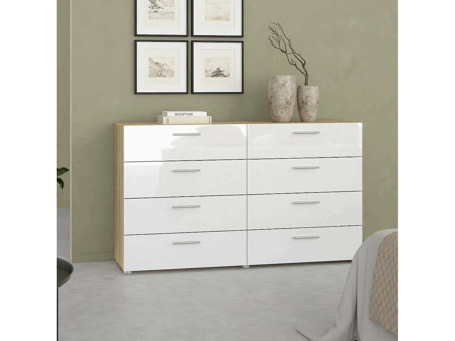 Buffet Dsattol, Buffet du salon, Commode de salon, Garde-manger de cuisine, 140x40 h82 cm, Chêne et Blanc