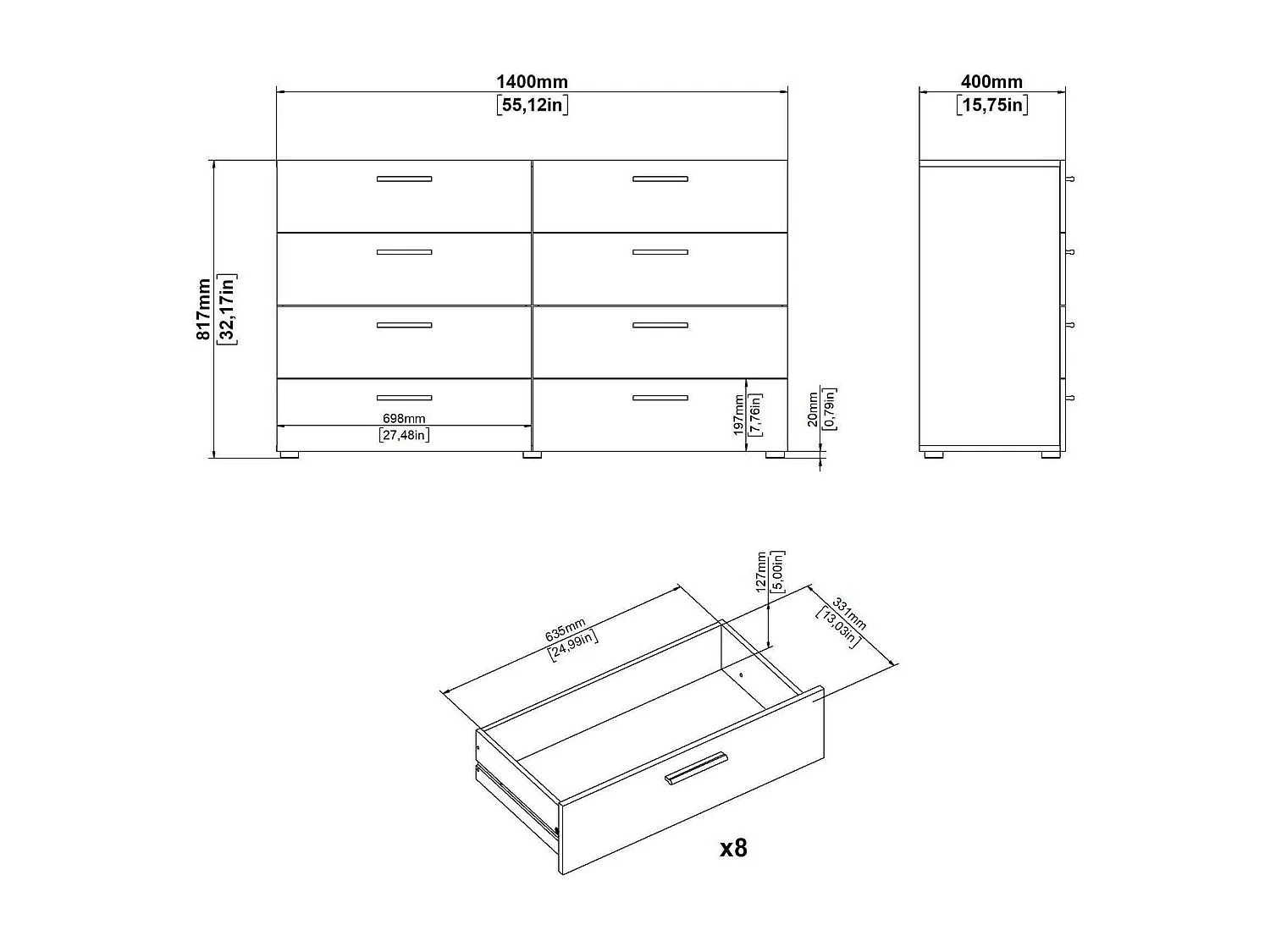 Dsattol dressoir, Woonkamerbuffet, Woonkamerdressoir, Keukenkast, 140x40 h82 cm, Eiken en Wit