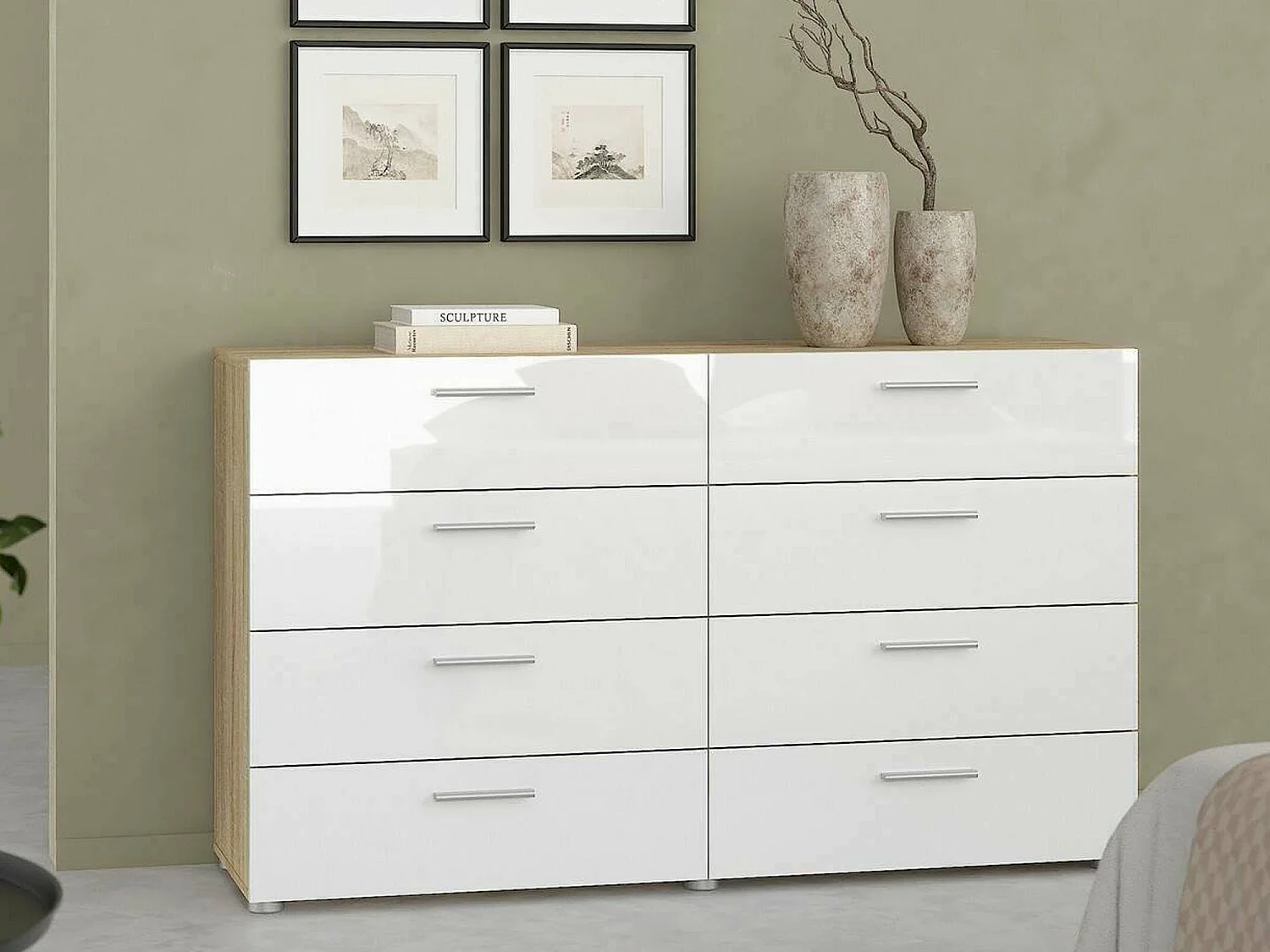 Buffet Dsattol, Buffet du salon, Commode de salon, Garde-manger de cuisine, 140x40 h82 cm, Chêne et Blanc